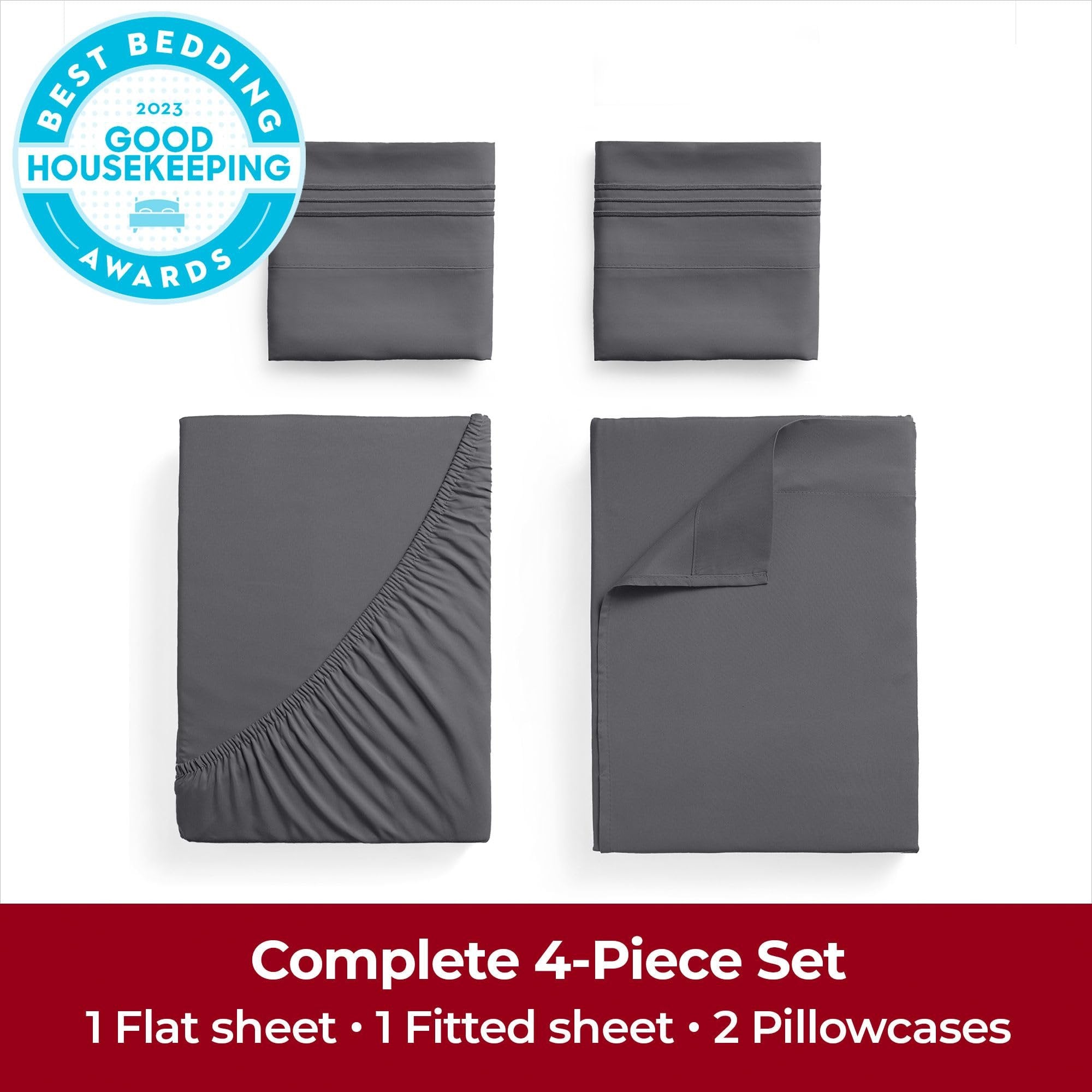 Mellanni Extra Deep Pocket King Size Sheets - 4 Piece Iconic Collection Bedding Sheets & Pillowcases - Hotel Luxury, Ultra Soft, Cooling Bed Sheets - Extra Deep Pocket up to 21" Mattress (King, Gray)