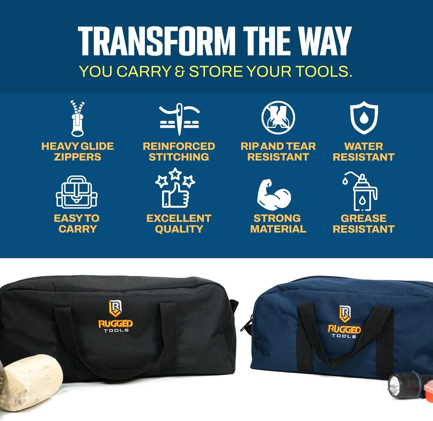 Rugged Tools Tool Bag Combo - Includes 1 Small & 1 Medium Toolbag - Organizer Tote Bags for Electrician, Plumbing, Gardening, HVAC & More