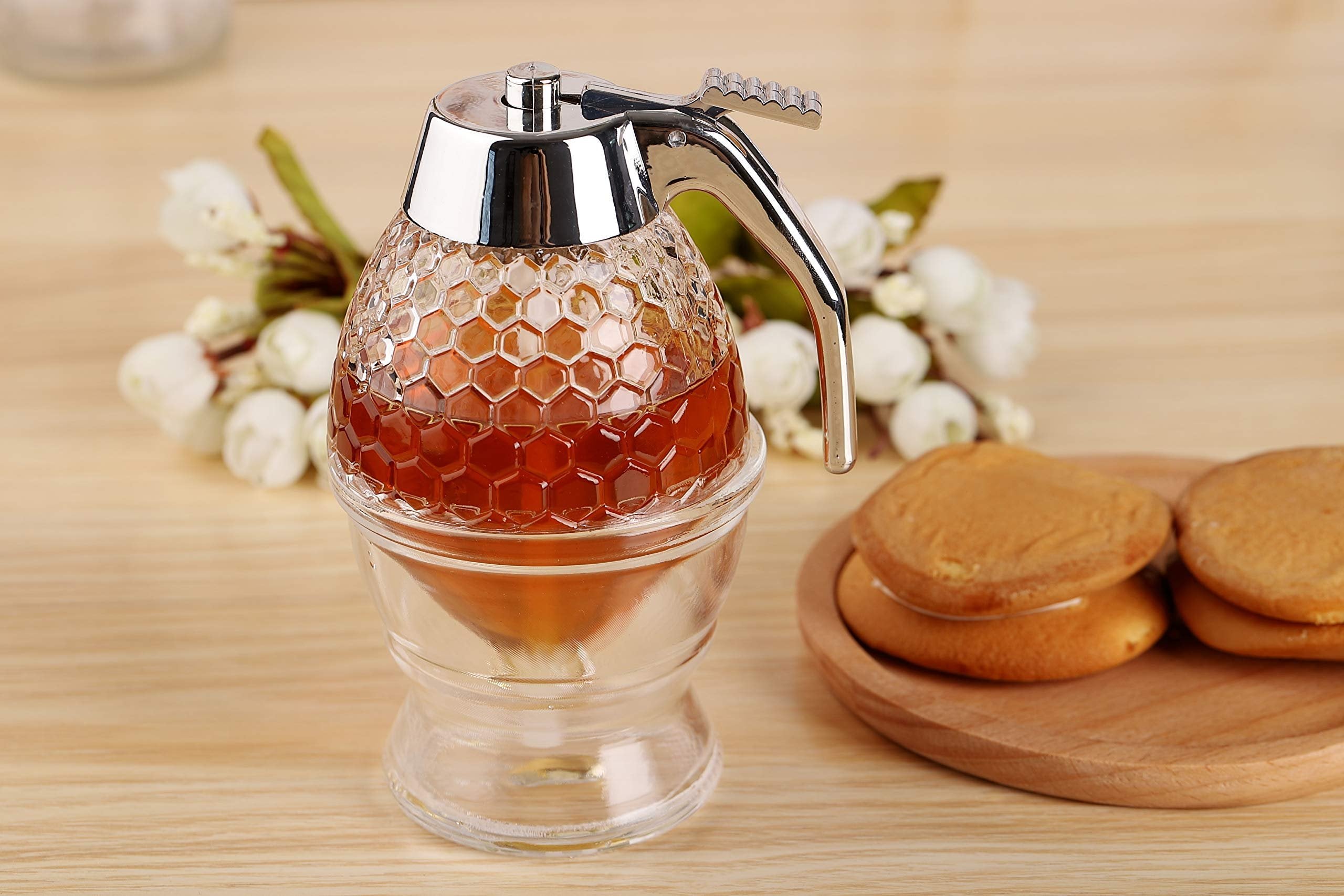 Hunnibi No Drip Glass Honey Dispenser - Beautiful Honeycomb Shaped Pot and Maple Syrup Dispenser - Great Bee Decor and Stand - Honey Jar