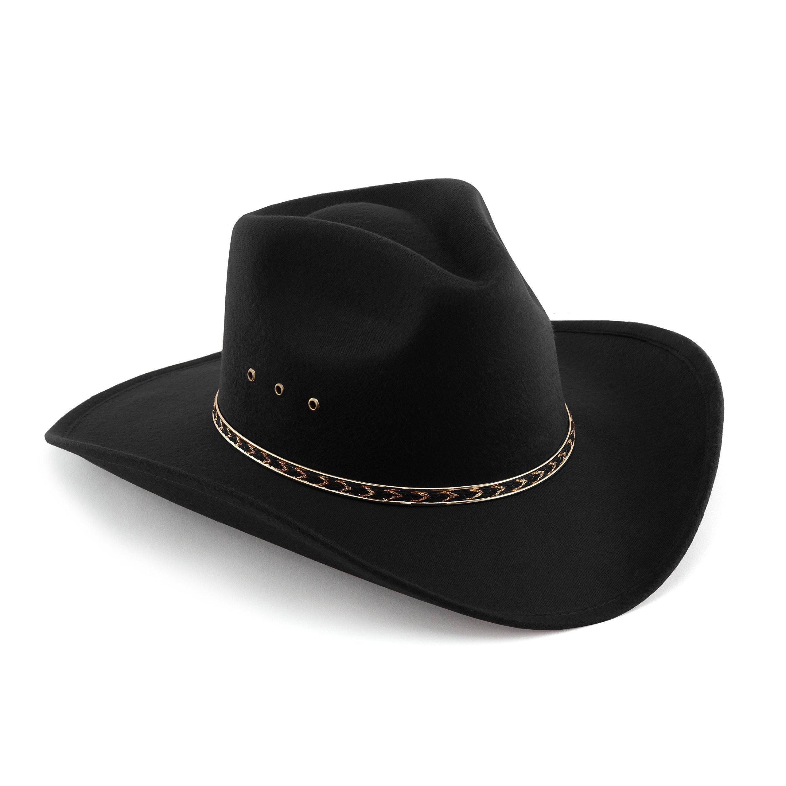 Western Faux Felt Gambler Cowboy Hat -Black L/XL (Elastic Band)