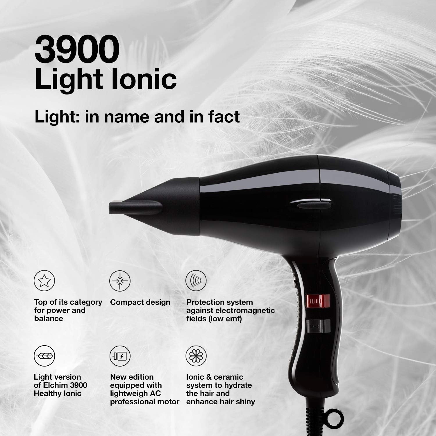 Elchim 3900 Light Ionic Professional Dryer, Lightweight with 2 Concentrators Included, Black