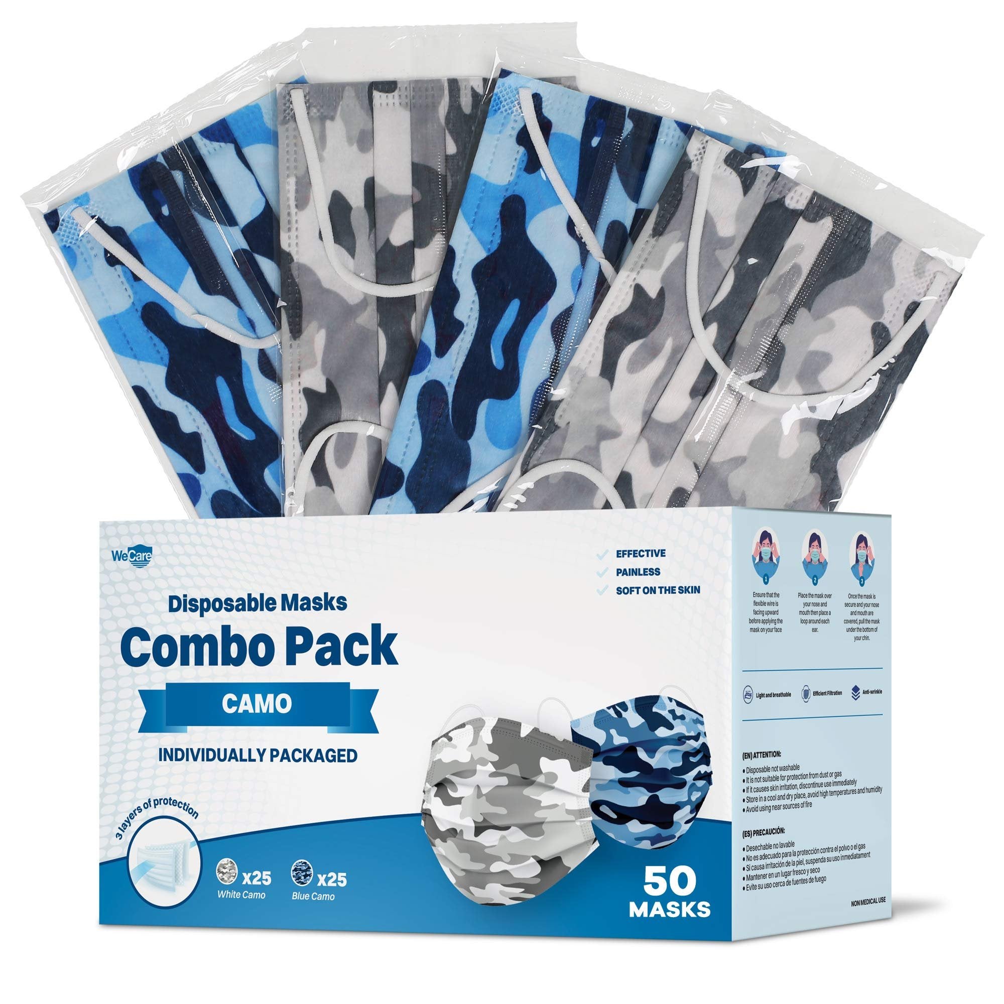 WeCare Box of 50 Individually-Wrapped Masks - Combo Camo Print