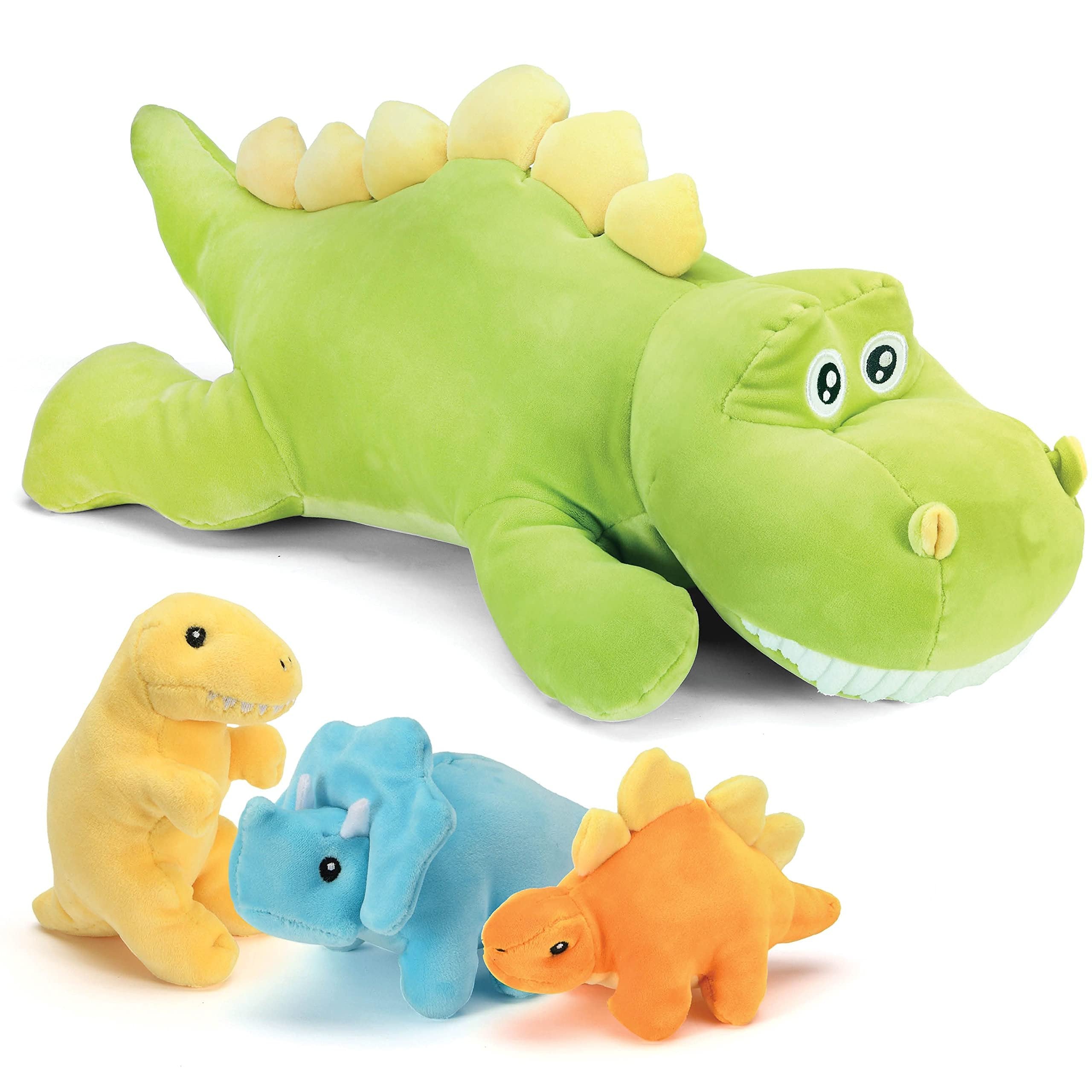 PREXTEX 15" Triceratops Dinosaur Stuffed Animal Set with 4 Dino Plush Toys Inside, Large Zippered Pouch Dinosaur for Boys & Girls, Stuffed Animals Dinosaur Toys for Kids 3-5, Colorful & Soft Plushies