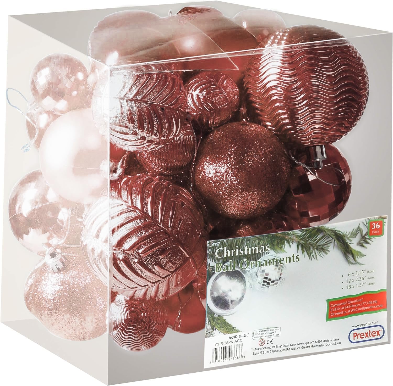 PREXTEX Champagne Christmas Ball Ornaments (36 pcs) - Shatterproof Xmas Tree Decorations with Hanging Loop in 6 Styles and 3 Sizes