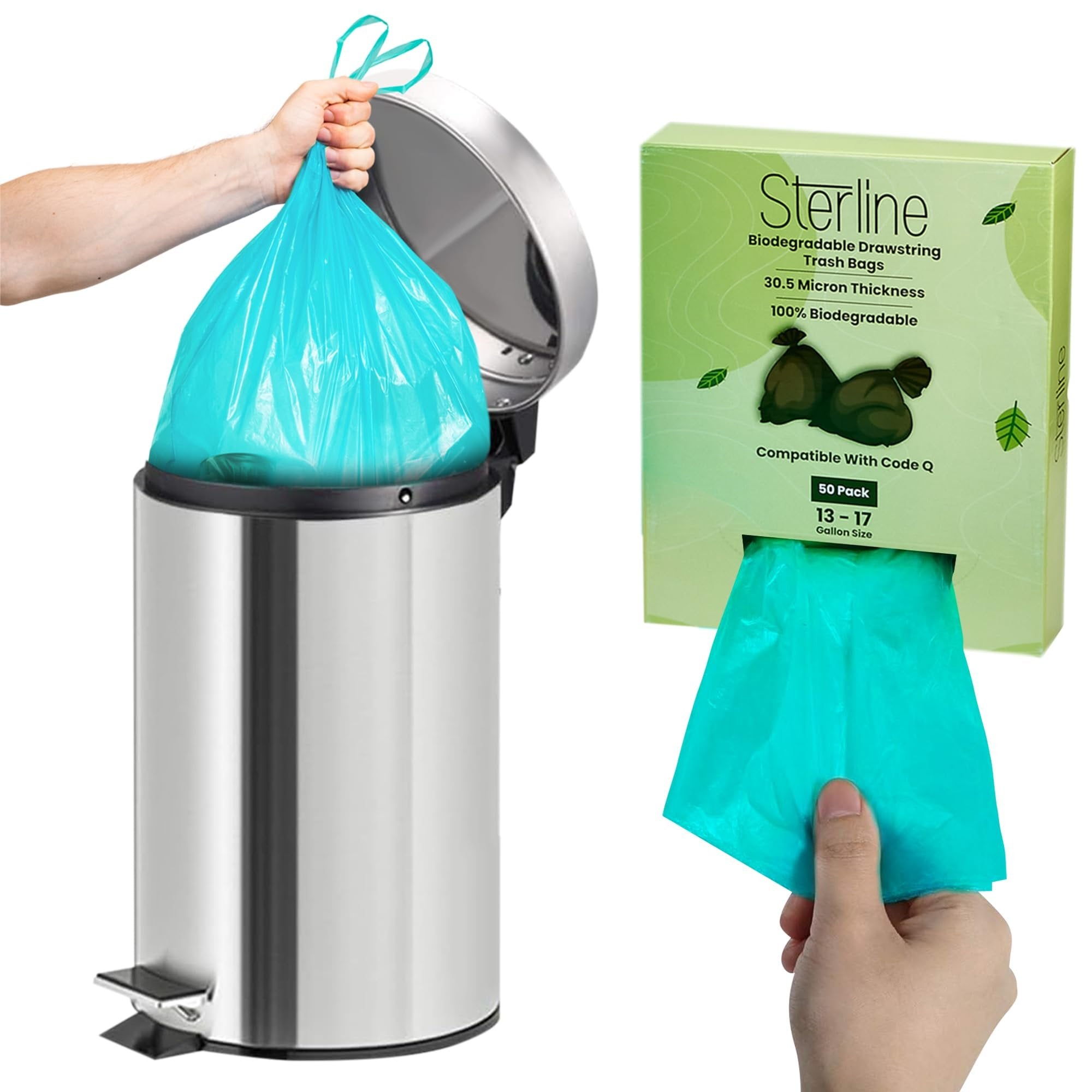 Sterline Eco-Friendly Trash Bags Code Q - 50PK 13-17 Gallon (50-65L) Biodegradable Garbage Bags - Compatible with SimpleHuman - Sustainable, Compostable, Heavy-Duty - Green Living Solution