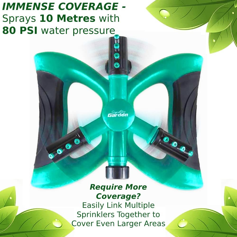 Signature Garden Water Sprinklers for Yard, Three Arm Sprinkler, 12 Built-in Spray Nozzles, 360 Degree Rotation, Connect Multiple Large for Large Or Small Grass Lawn Area