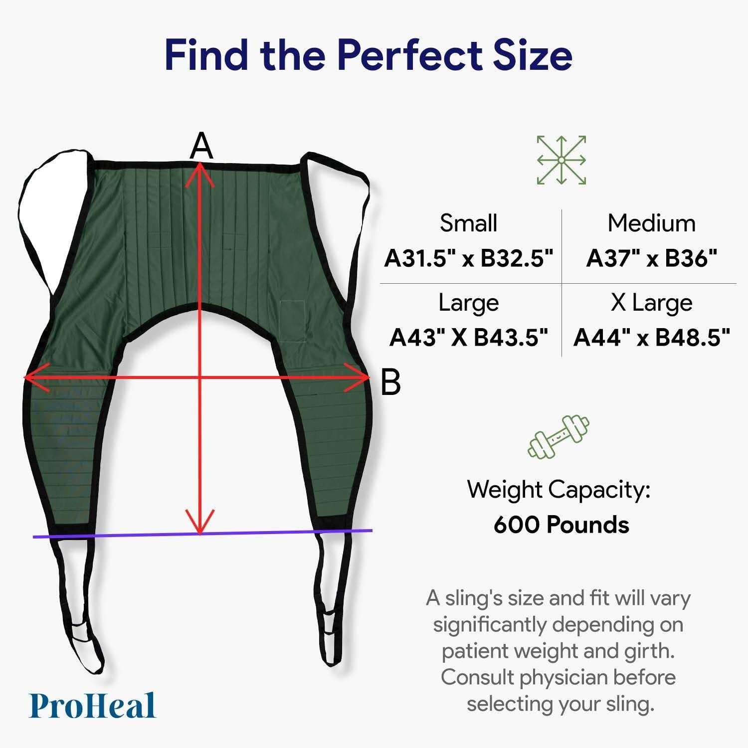 ProHeal Universal Padded Lift U Sling, X Large 44" x 48.5" - Polyester Divided Leg Slings for Patient Lifts - Compatible with Hoyer, Invacare, McKesson, Drive, Lumex, Joerns and More