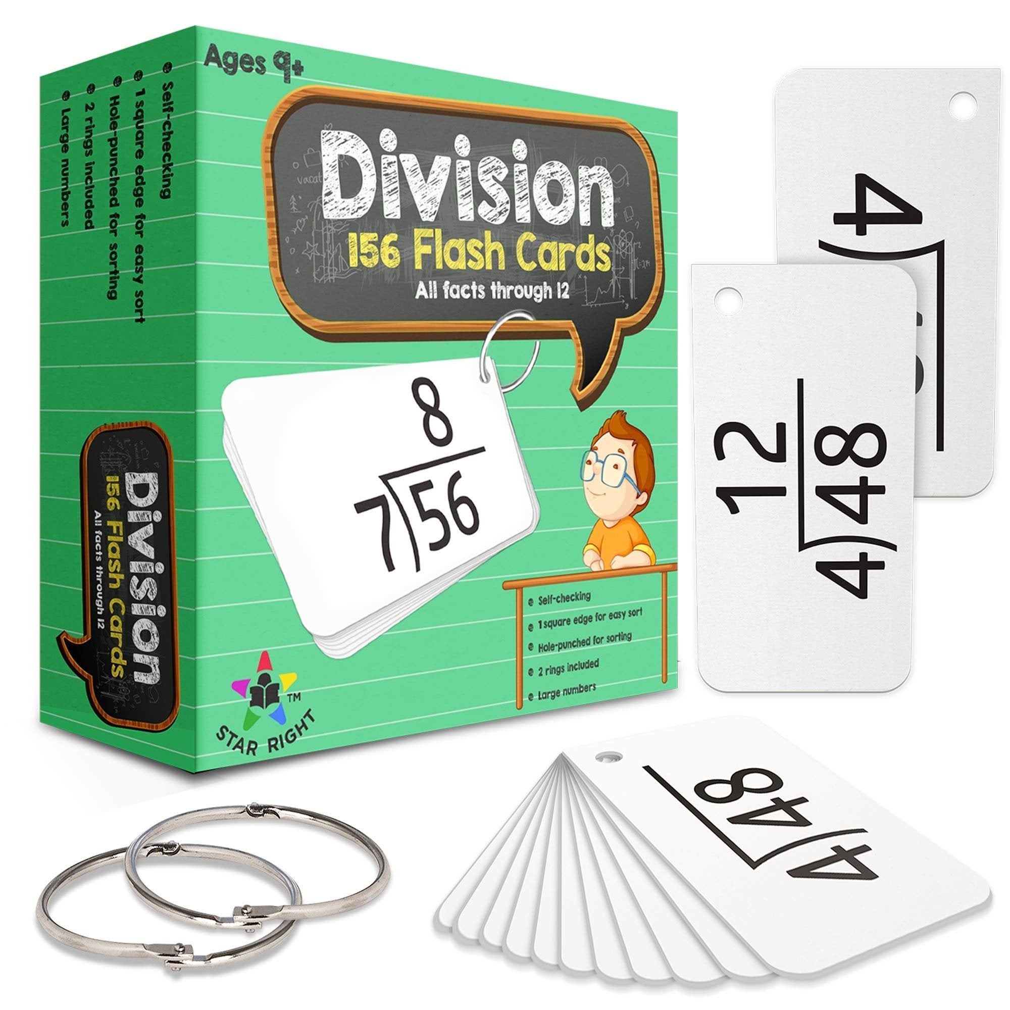 Star Right Math Flash Cards - Multiplication and Division Flash Cards - 325 Hole Punched Math Game Flash Cards - 4 Binder Rings - for Ages 8 and Up - Flash Cards 3rd Grade, 4th, 5th, and 6th Grades