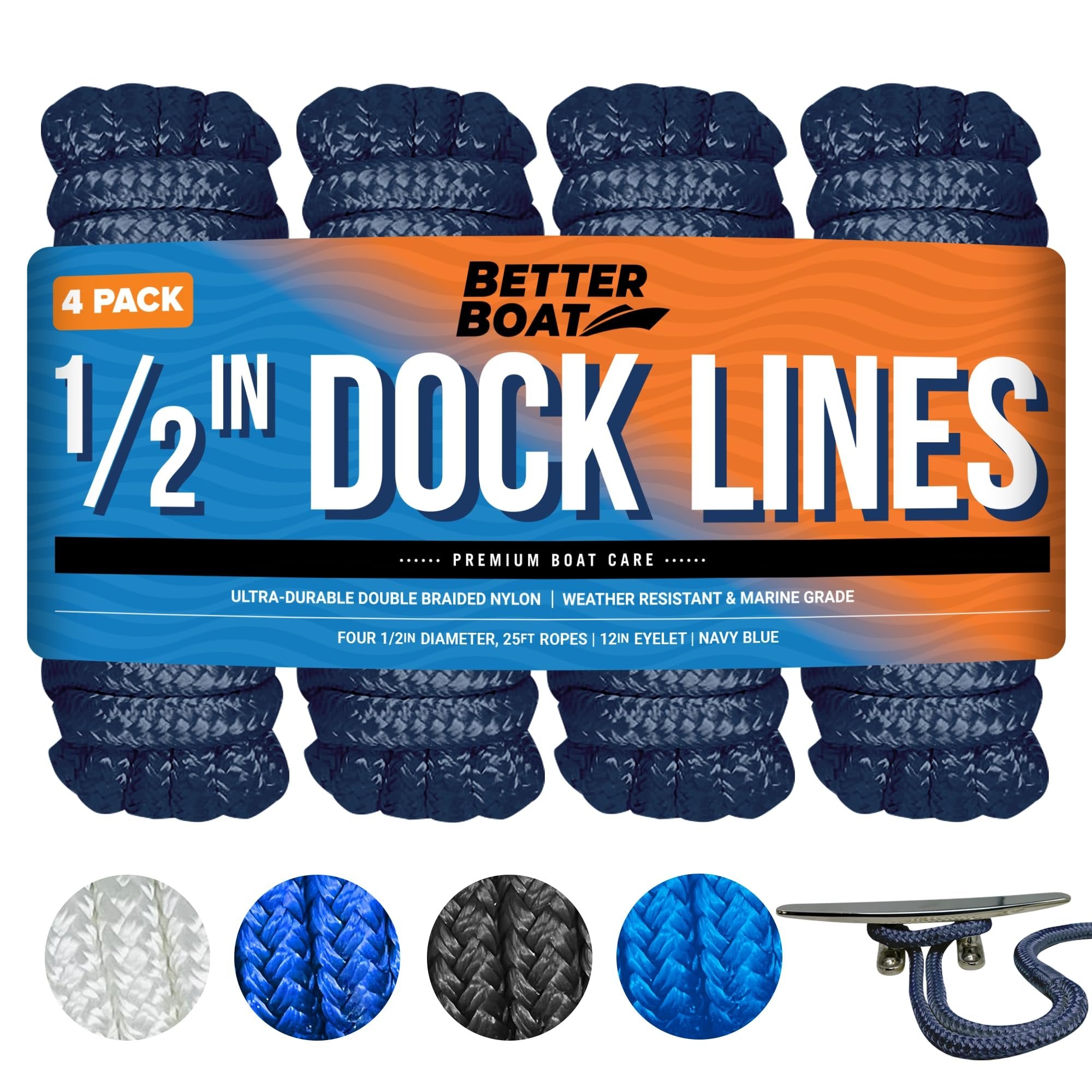 Boat Dock Lines & Rope Boat Ropes for Docking 1/2" Line Braided Mooring Marine Rope 25FT 1/2 Inch Nylon Rope Boat Dock Lines for Docking Boat Lines Boating Rope Braided with Loop Navy Blue 4 Pk