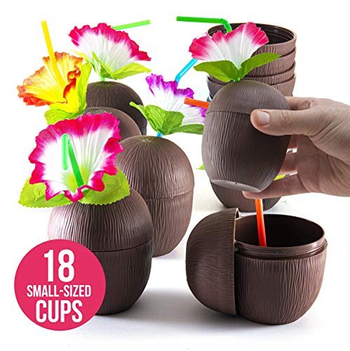 PREXTEX Coconut Cups with Flower Straws & Twist Close Lids (18-8oz cups) for Luau Party Decorations, Moana Party Decorations, Birthday Parties, Tropical Tiki Parties, Hawaiian Themed Party Decorations