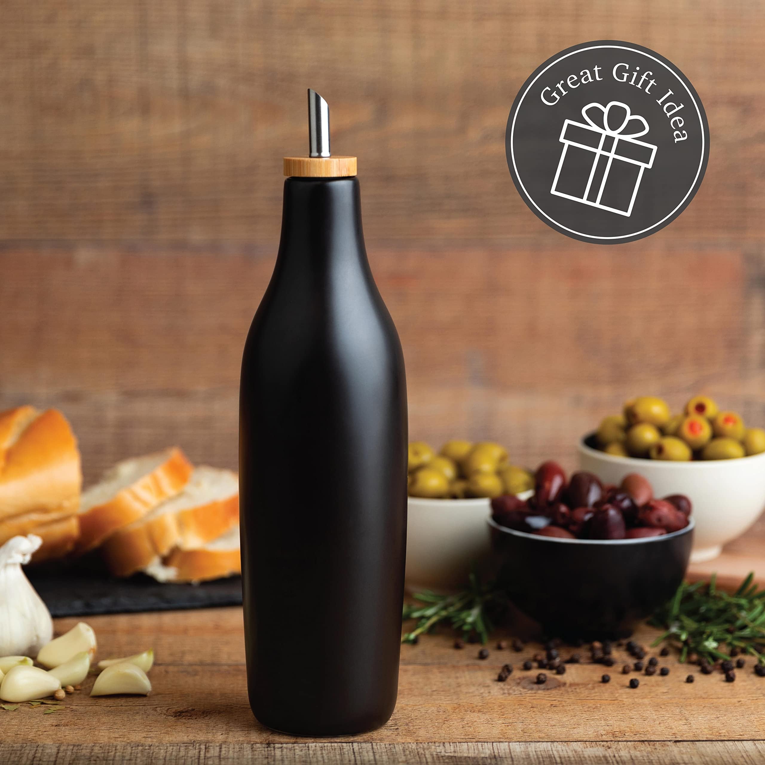 kitchentoolz Olive Oil Stoneware Dispenser Bottle, Ceramic 16 Oz Container for EVOO or Vinegar Kitchen Counter, Black