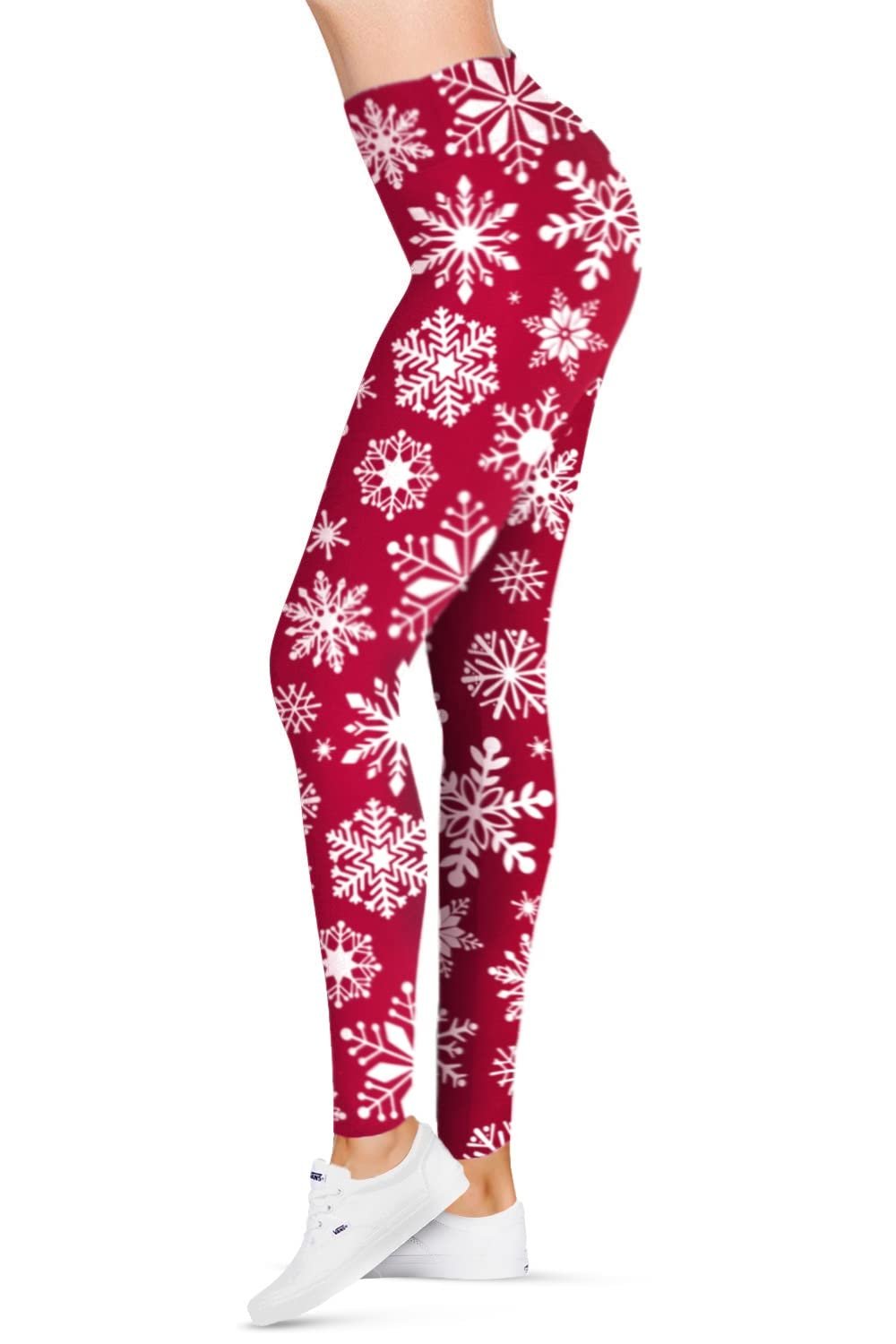 SATINA Womens Christmas Pants - Buttery Soft Highwaisted Holiday Leggings, Red Snowflake, One Size