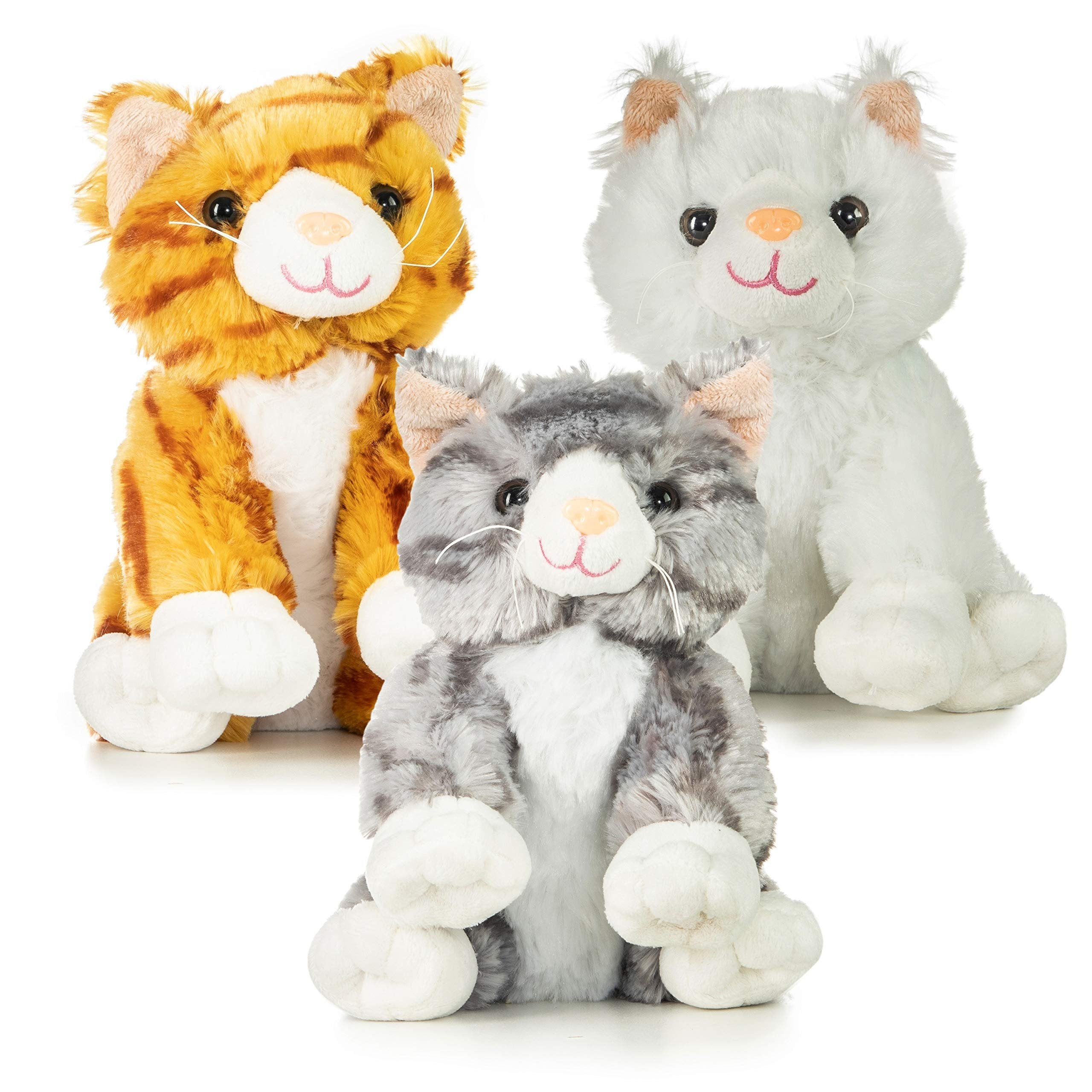 PREXTEX Cat Stuffed Animals for Girls & Boys (Three 10-Inch Stuffed Cat Plush) Realistic Kitten Plushie Toy for Kids