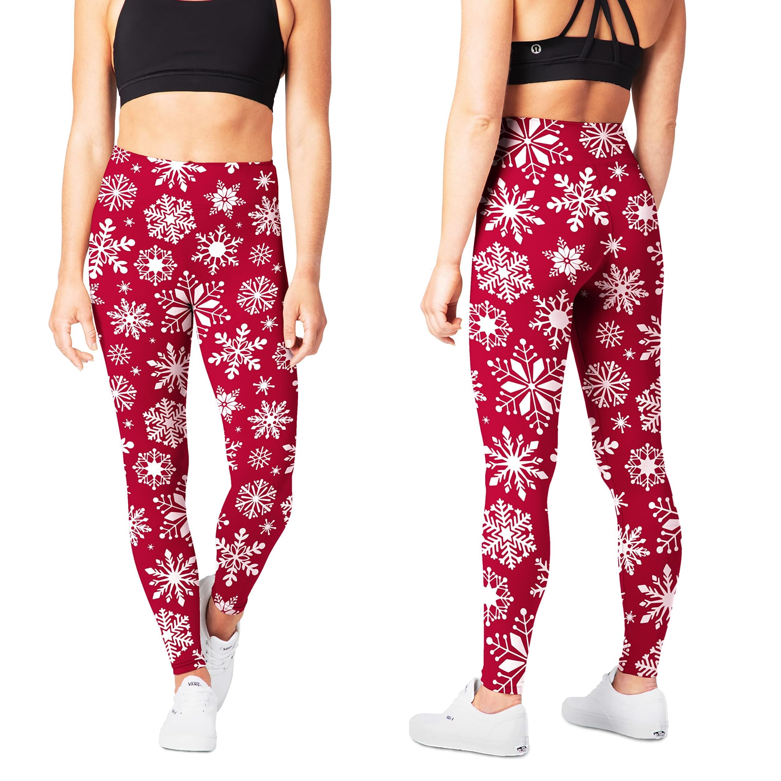 SATINA Womens Christmas Pants - Buttery Soft Highwaisted Holiday Leggings, Red Snowflake, One Size