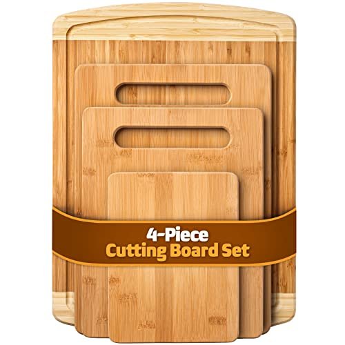 Bamboo Cutting Board Set of 4 - Kitchen Chopping Boards with Juice Groove for Meat, Cheese and Vegetables - Large Natural Wood Butcher Block, Cheese Board & Charcuterie Board