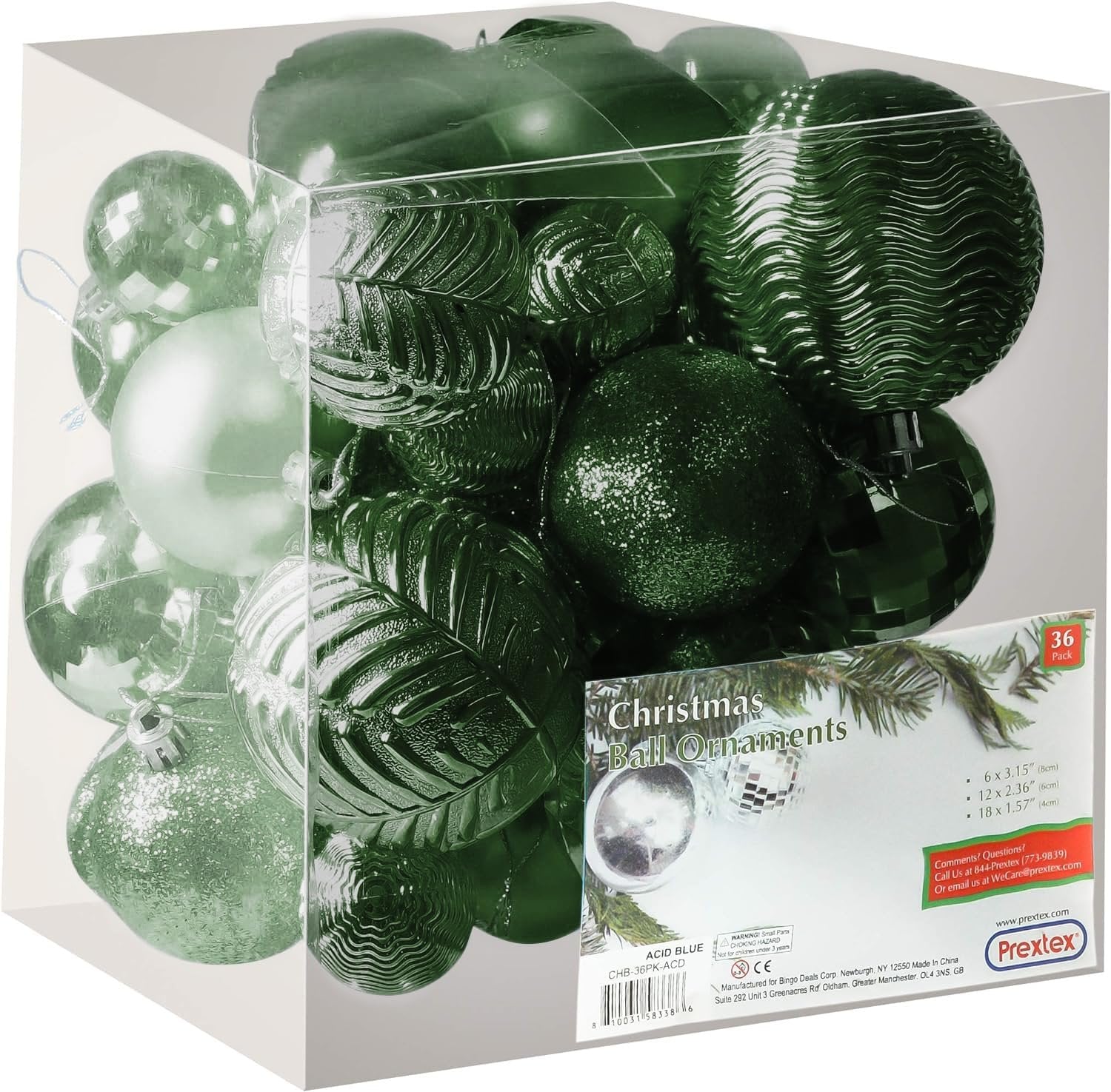 Prextex Christmas Tree Ornaments - Emerald Green Christmas Ball Ornaments Set for Christmas, Holiday, Wreath & Party Decorations (36 pcs - Small, Medium, Large) Shatterproof, 3 Size Combo