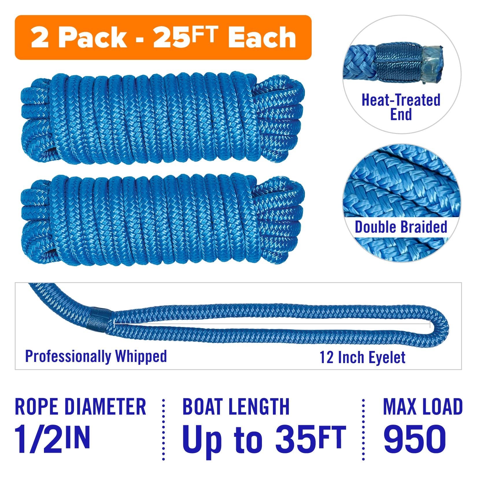 Boat Dock Lines & Rope Boat Ropes for Docking 1/2" Line Braided Mooring Marine Rope 25FT 1/2 Inch Nylon Rope Boat Dock Lines for Docking Boat Lines Boating Rope Braided with Loop Blue 2 Pk