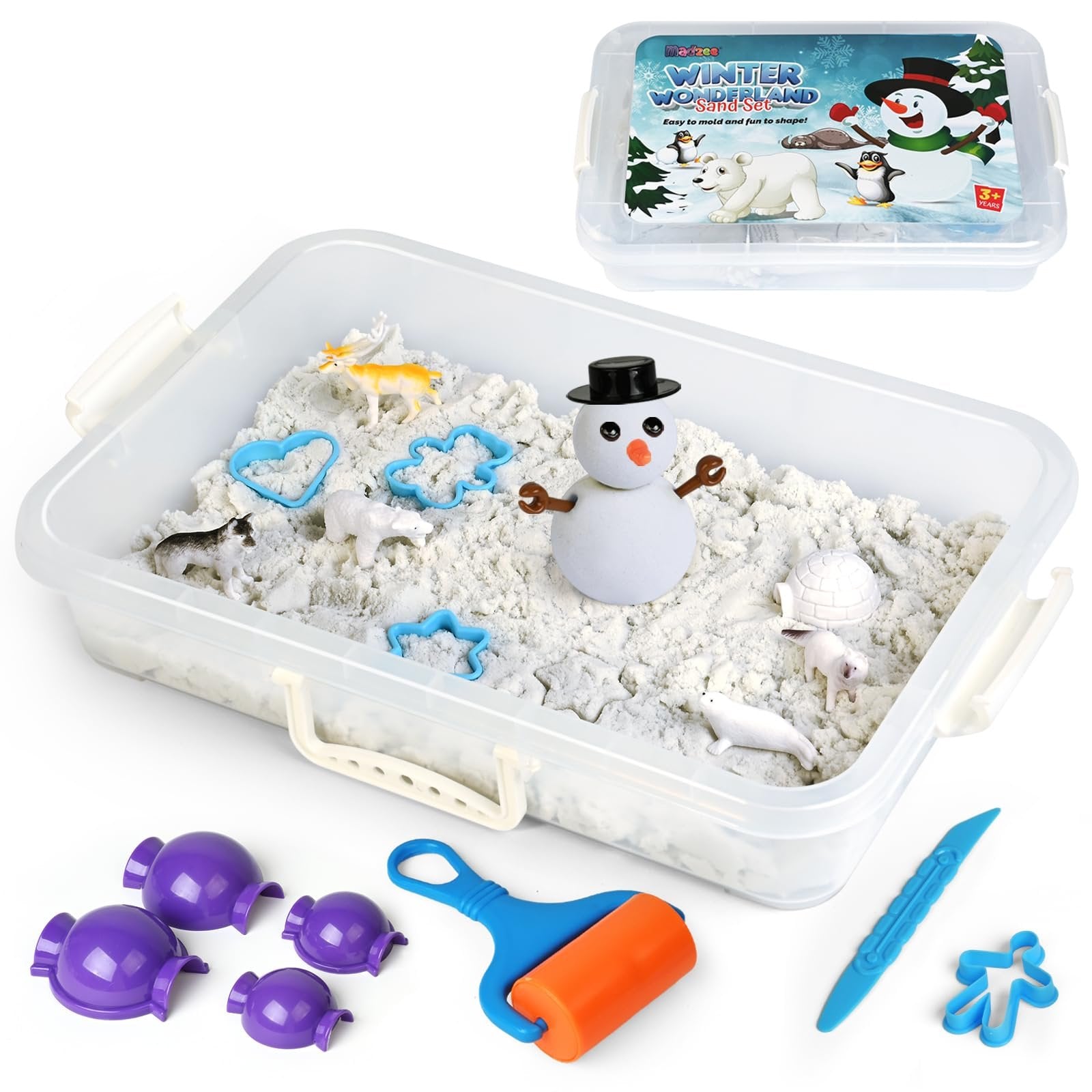 Winter Wonderland Snow Sand Playset, Creativity Toy Sensory Bin with Arctic Animal Figures, 2 Lbs of Sand and Snowman Molds for Boy Girl Kid Toddlers Age 3-8