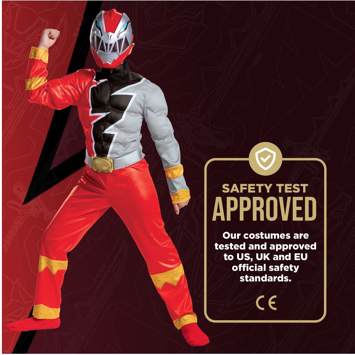 Red Ranger Muscle Costume for Kids, Official Power Rangers Dino Fury Outfit with Mask, Child Size Large (10-12)