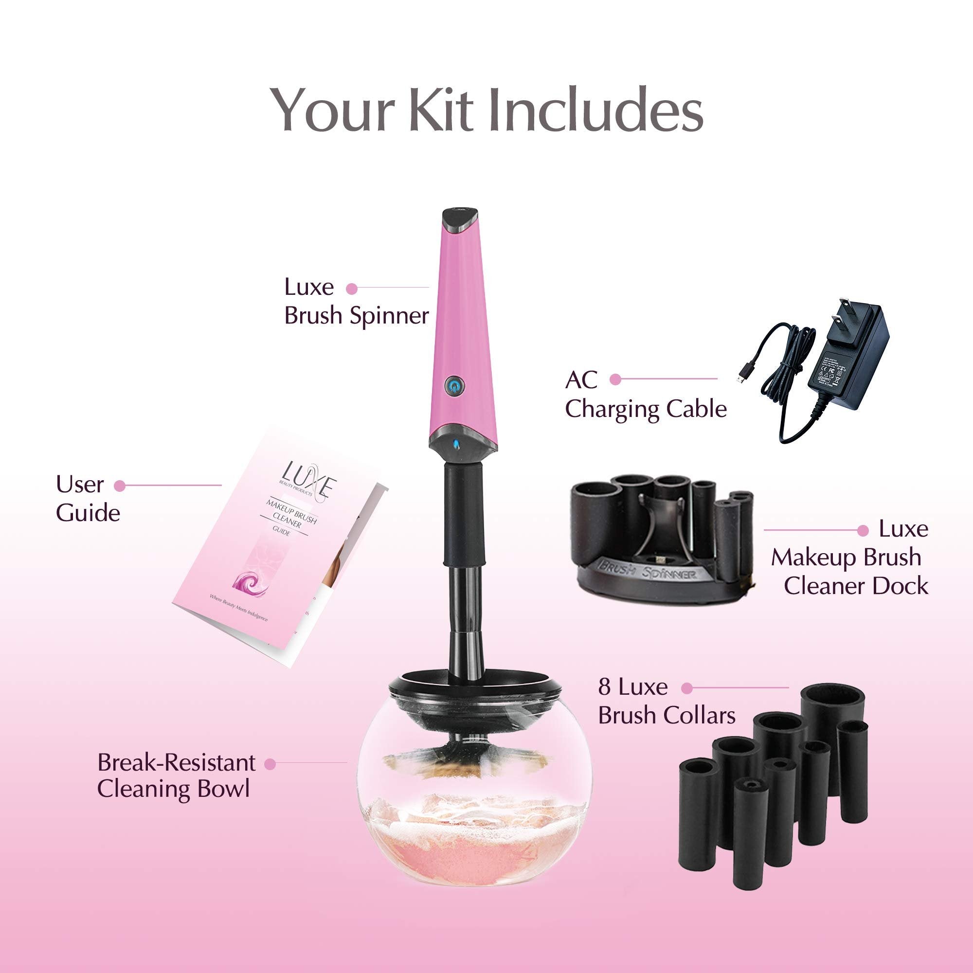 Luxe Electric Makeup Brush Cleaner, Pink, USB Charging Station, 3 Adjustable Speeds, Cleaner to Instantly Wash and Dry Your Makeup Brushes