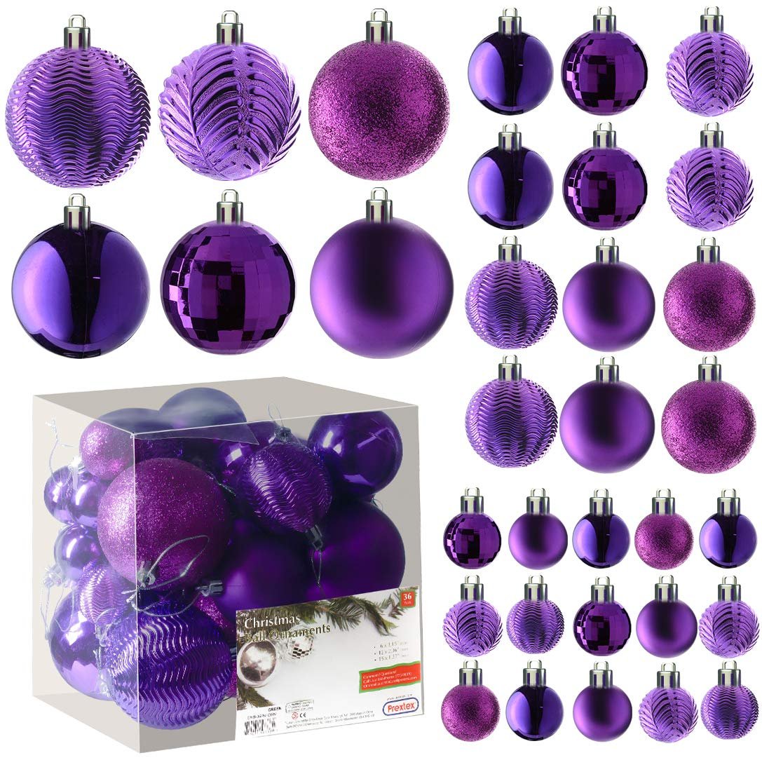 Prextex Christmas Tree Ornaments - Purple Christmas Ball Ornaments Set for Christmas, Holiday, Wreath & Party Decorations (36 pcs - Small, Medium, Large) Shatterproof, 3 Size Combo