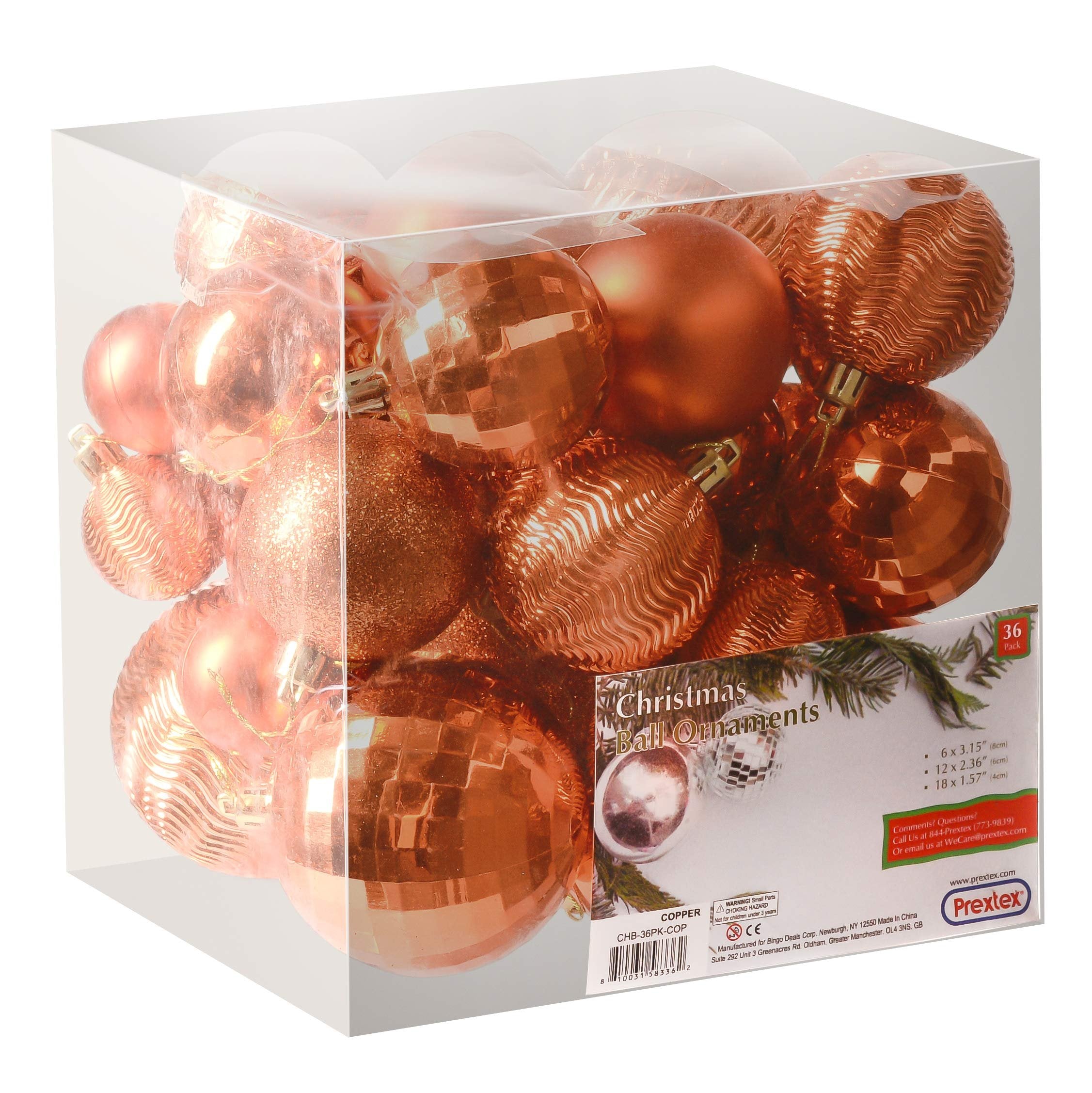 PREXTEX Christmas Tree Ornaments - Copper Orange Christmas Ball Ornaments Set for Christmas, Holiday, Wreath & Party Decorations (36 pcs - Small, Medium, Large) Shatterproof, 3 Size Combo