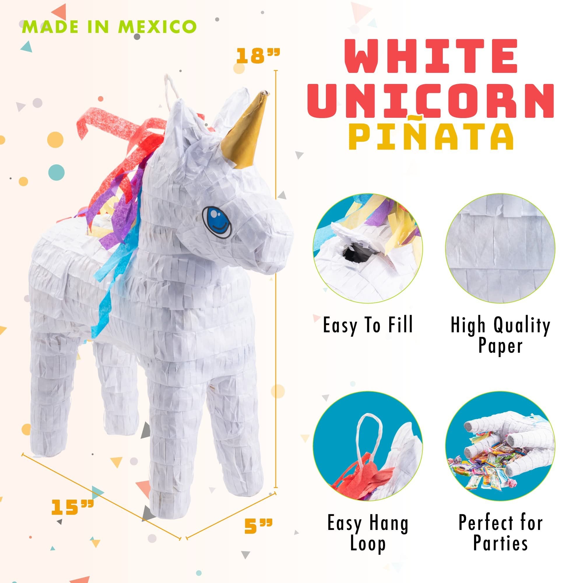 Unicorn Pinata - Piñatas for Birthday Fiesta, Cinco de Mayo, Coco Themed Parties for Kids - High Quality Paper - Easy to Fill with Candy and Favors - Mexican Party Decorations