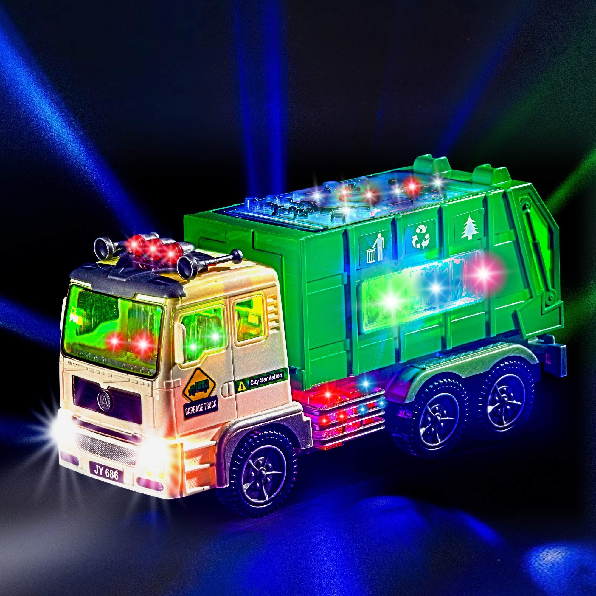 Zetz Brands Toy Garbage Truck for Kids with 4D Lights and Sounds - Battery Operated Automatic Bump & Go Car - Sanitation Truck Stickers