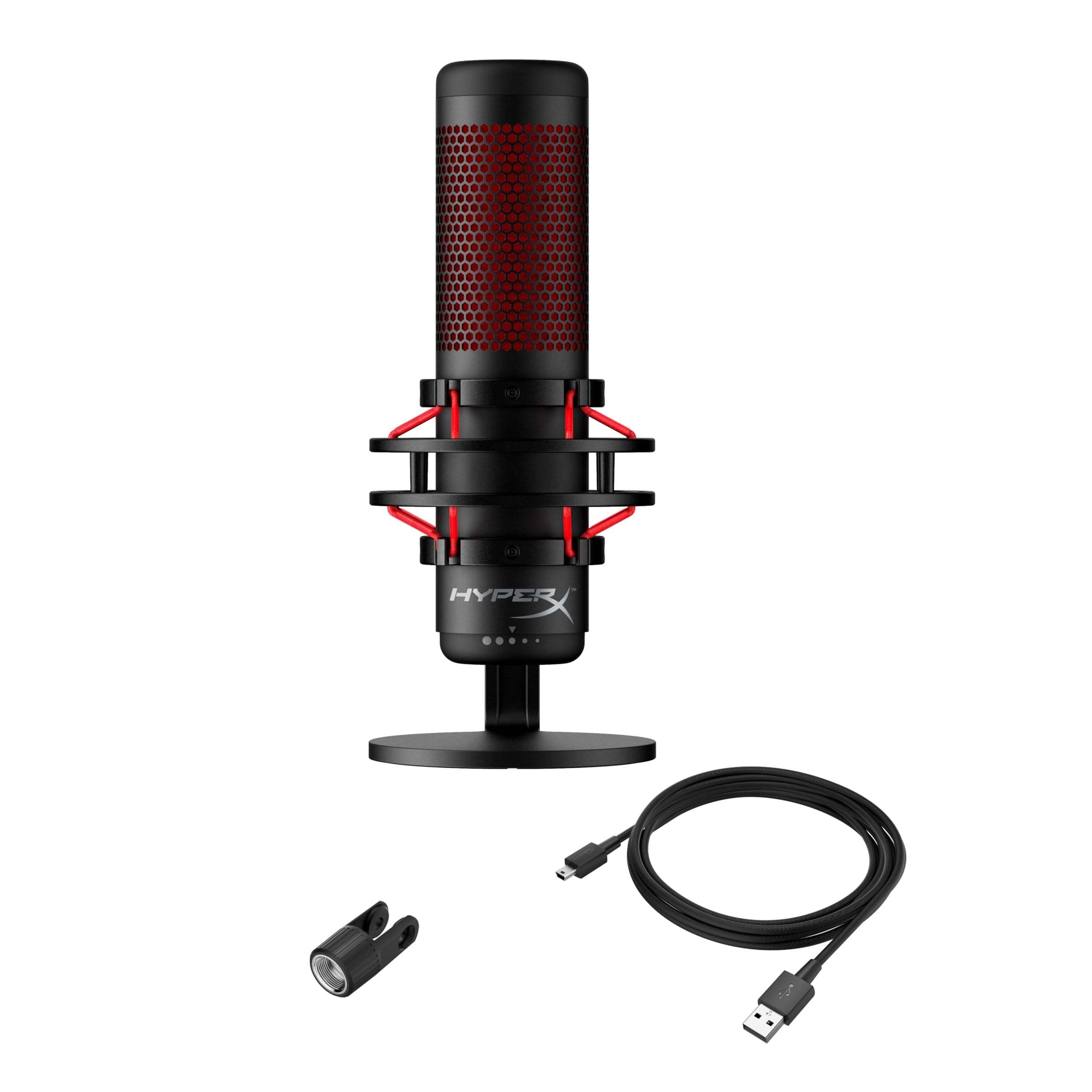 HyperX QuadCast - USB Condenser Gaming Microphone, for PC, PS4, PS5 and Mac, Anti-Vibration Shock Mount, Four Polar Patterns, Pop Filter, Gain Control, Podcasts, Twitch, YouTube, Discord, Red LED