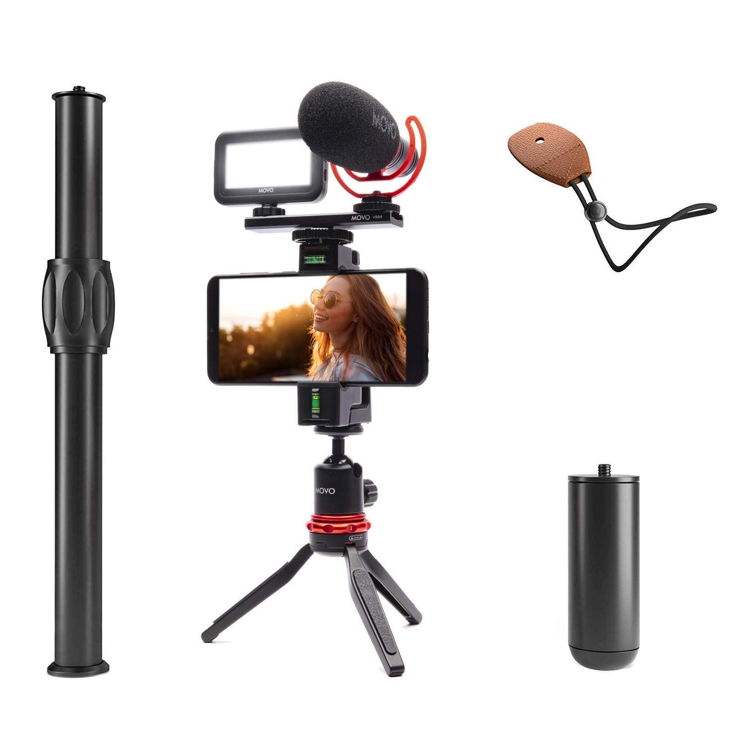 Movo VXR10-PRO+ Smartphone Video Rig with Pro Video Microphone, LED Light, Mini Tripod, Phone - Shotgun Microphone for iPhone 11, 11 Pro Max, SE, XS, XR, X, Android Devices, and More