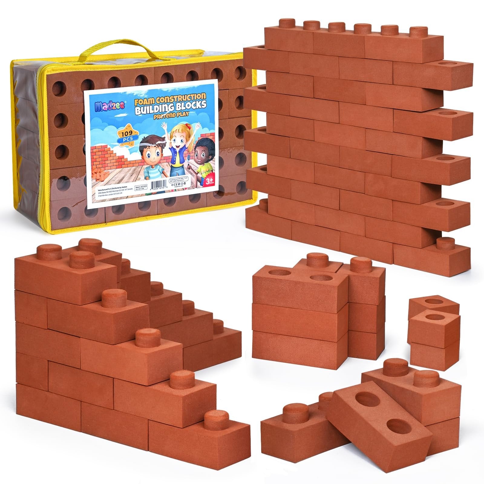 Madzee 109 Pack Foam Brick Building Blocks for Kids, Builders Set for Construction and Stacking. Perfect Set for Young Builders