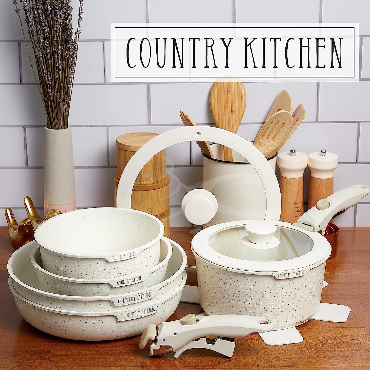 Country Kitchen 13 Piece Pots and Pans Set - Safe Nonstick Kitchen Cookware with Removable Handle, RV Cookware Set, Oven Safe (Cream)