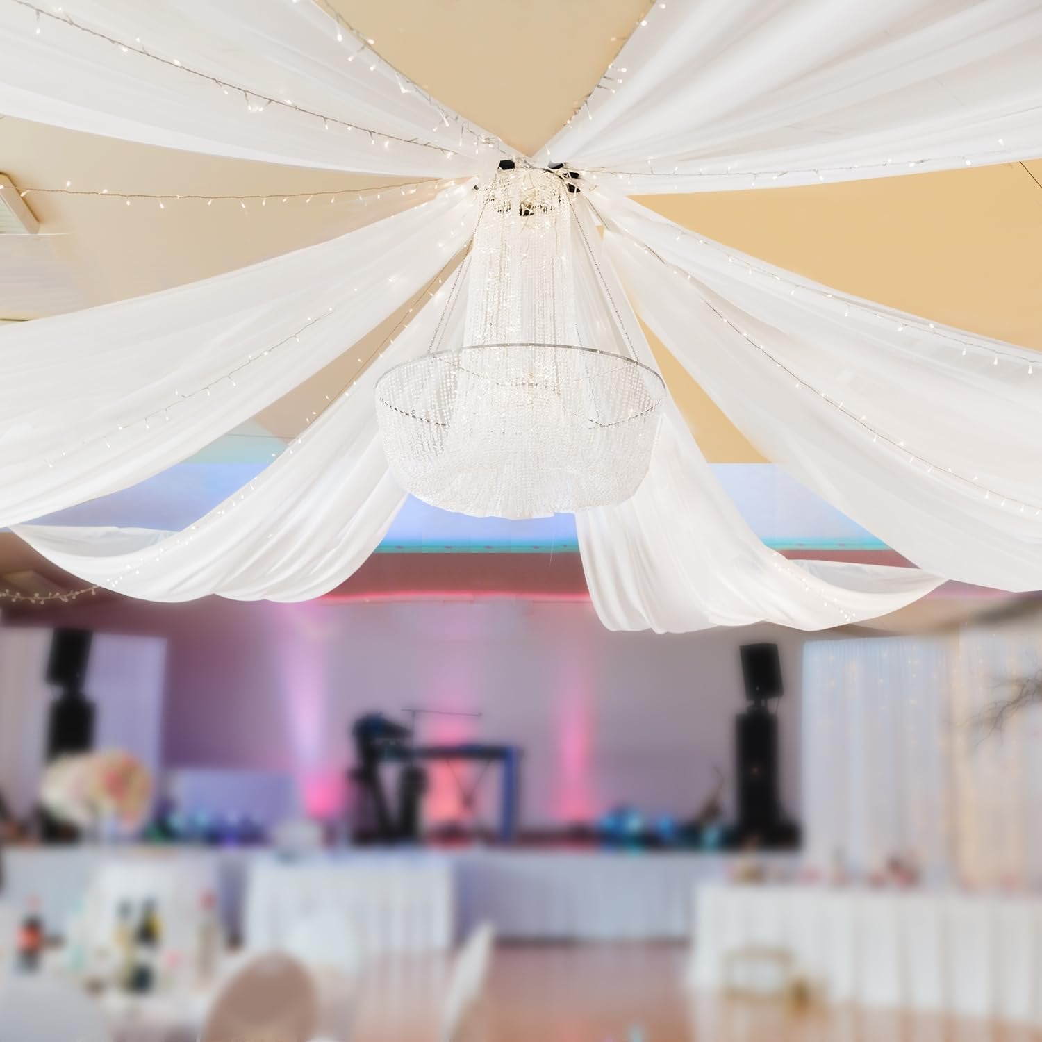 Ceiling Drapes for Weddings 5ftx10ft White Ceiling Curtains with Ceiling Drapes Hanging Kit Sheer Chiffon Fabric for Wedding Drapes Decorations Tent Draping Event Ceremony Party Decor Pack of 6 Panels