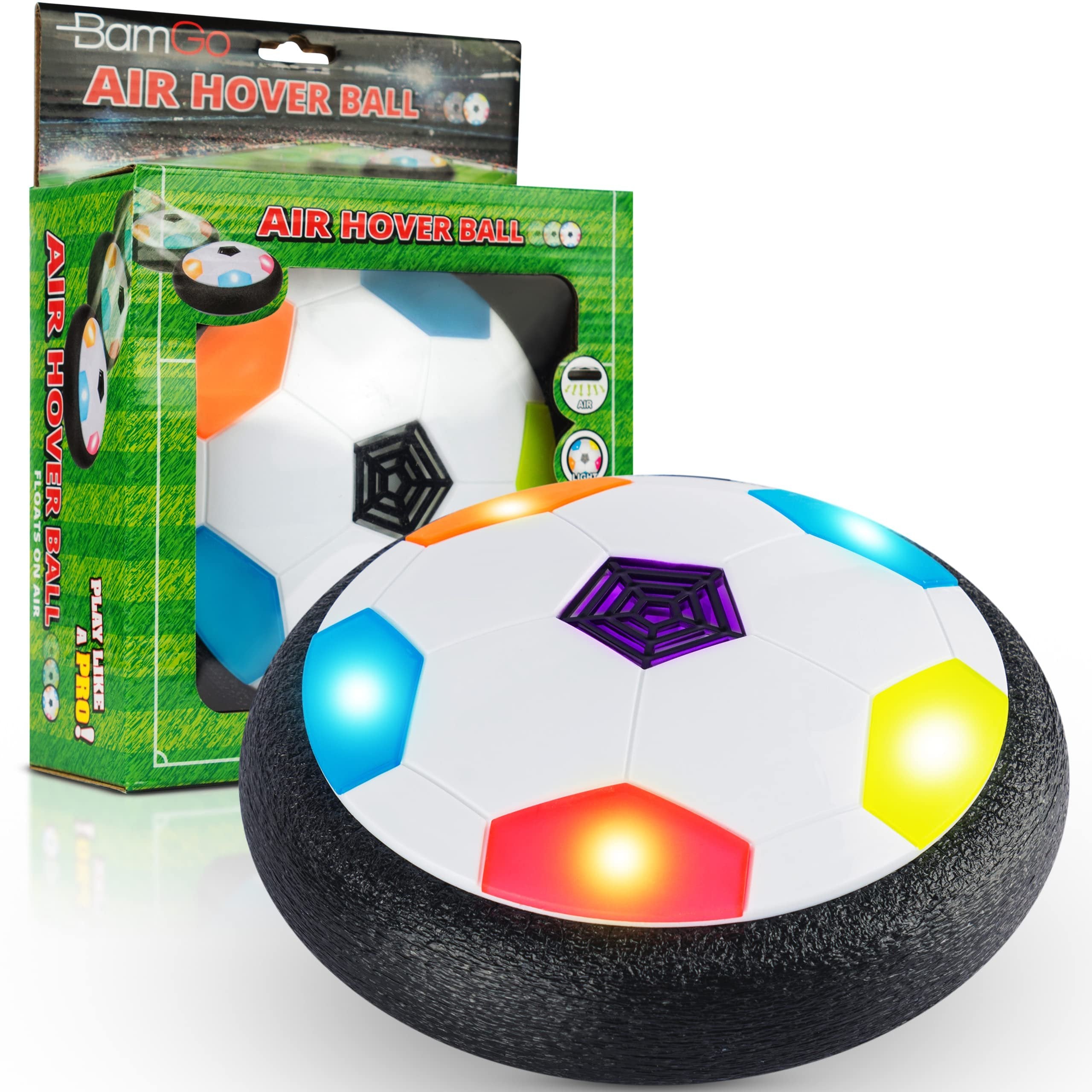 Hover Soccer Ball for Kids | Flashing Colored LED Lights | for Smooth Surfaces | New Football Toy, Indoor Battery Operated Air Floating Hovering Disc for Girls and Boys, Soft Foam Bumpers, Ages 3-13