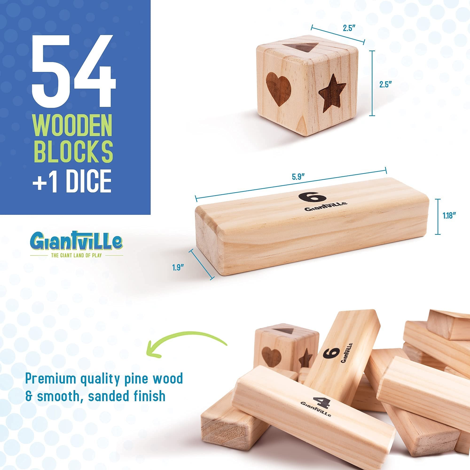 Giantville Giant Tumbling Timber Toy - Premium Pine Wood Life-Size Blocks Tower - Big Floor/Board Indoor/Outdoor Yard Game for Kids & Adults - 54-Pieces + Dice + Carry Bag - Grows to Almost 4-Feet
