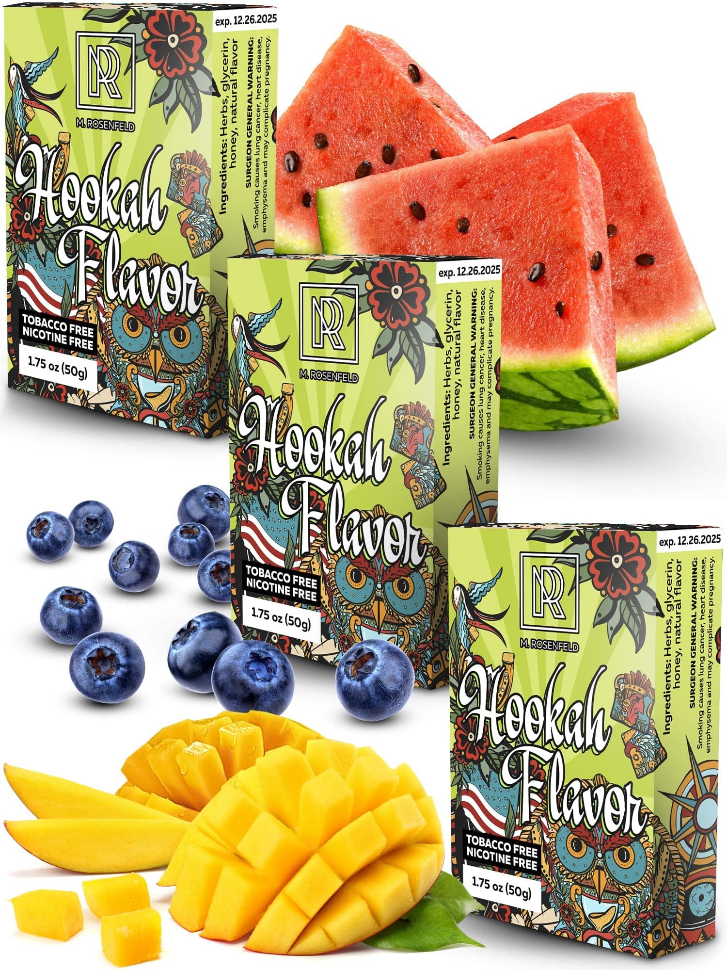 Shisha Hookah Flavors Nicotine Free - Hookah Shisha Flavors 3 x 1.75 oz (50 g) Hookah Flavors Set for your Hookah Bowl (Blueberry - Watermelon - Mango) Pack of 3 - Try these Tobacco Free Shisha