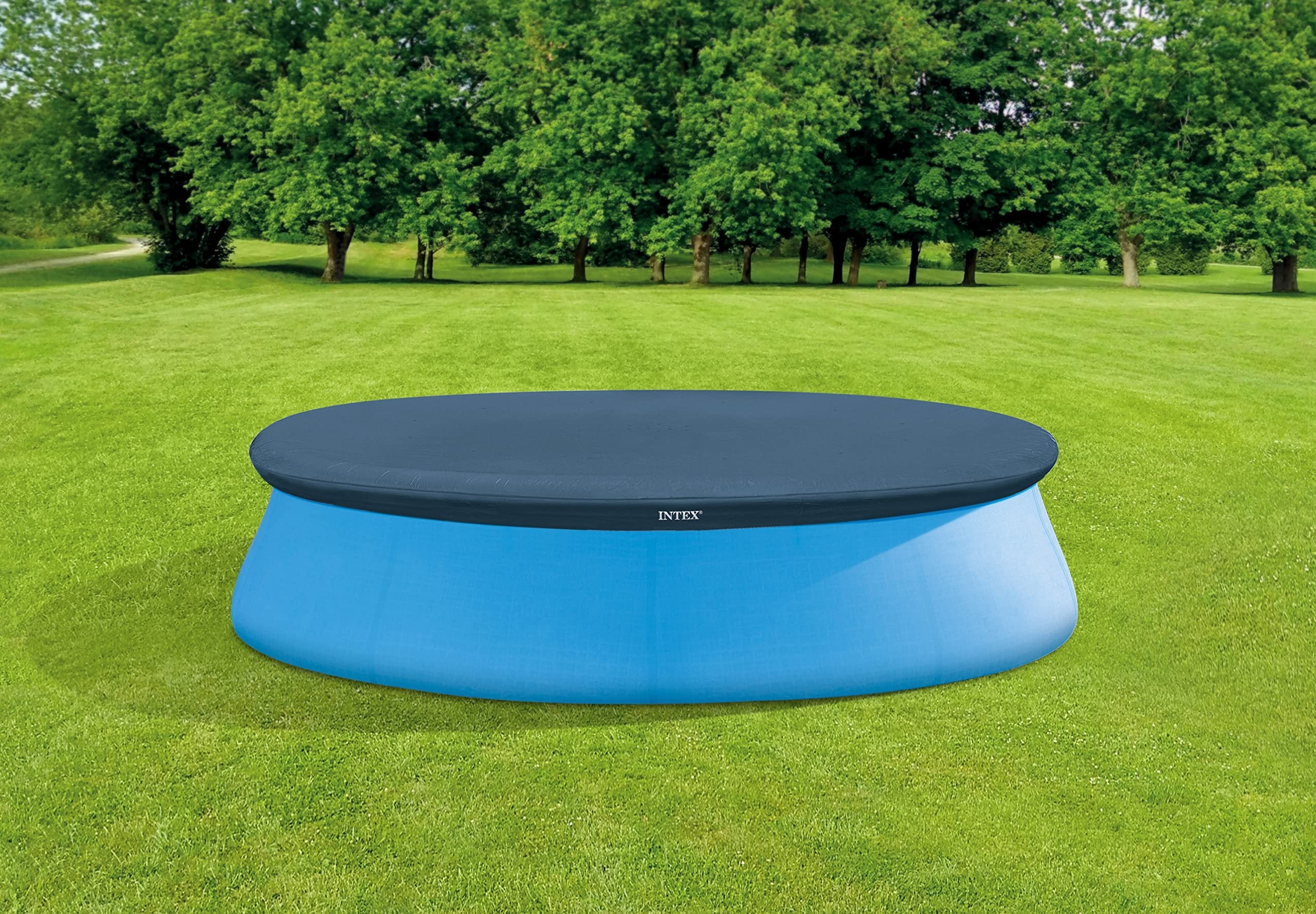 INTEX 28021E Pool Cover: For 10ft Round Easy Set Pools - Includes Rope Tie - Drain Holes - 12in Overhang - Snug Fit