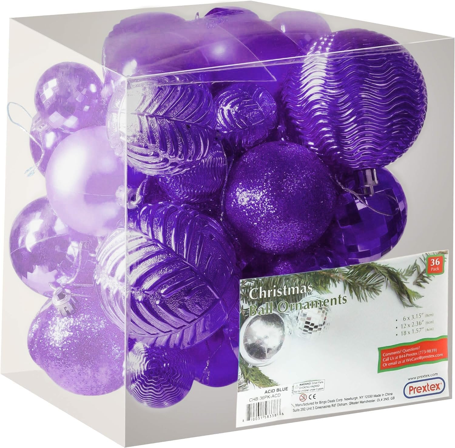 Prextex Christmas Tree Ornaments - Purple Christmas Ball Ornaments Set for Christmas, Holiday, Wreath & Party Decorations (36 pcs - Small, Medium, Large) Shatterproof, 3 Size Combo
