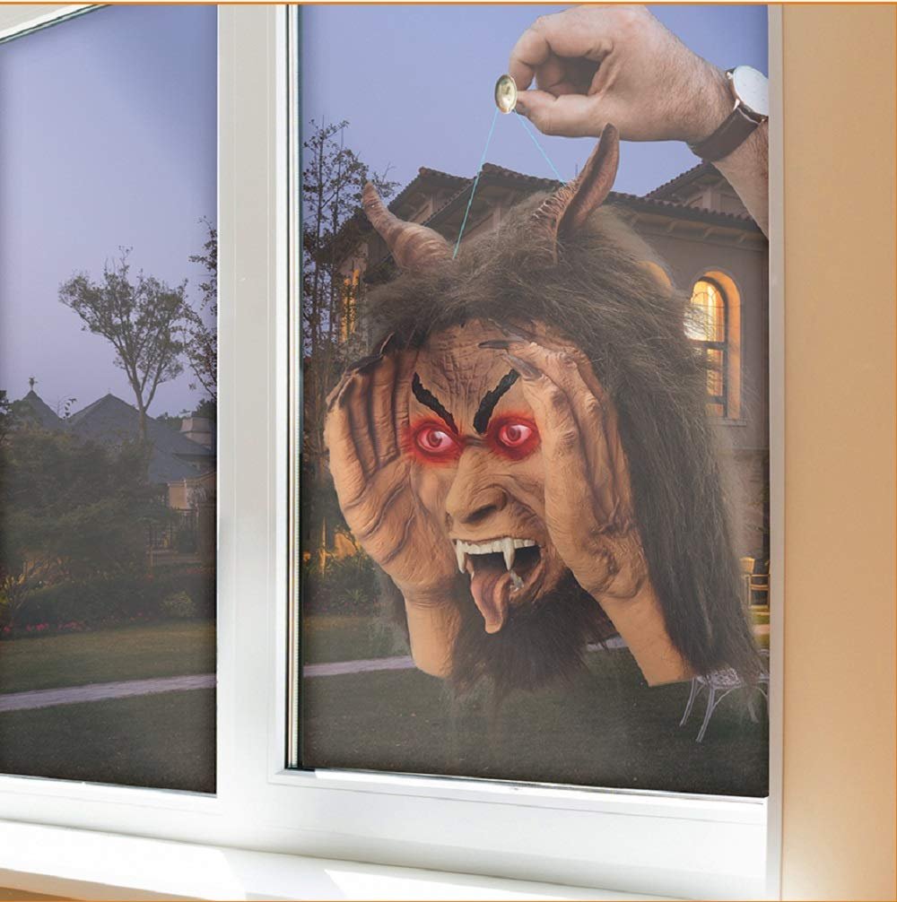 Scary Peeper Krampus Christmas Animated Decoration Prank - Krampus Creepy Face - with Glowing Red LED Moving Eyes - Funny Motion Activated Gag Prop for Haunted House