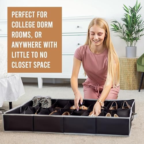 Extra-Large Under Bed Shoe Storage Organizer - Underbed Storage Solution Fits Men's and Women's Shoes, High Heels, and Sneakers with Durable Vinyl Cover & Extra-Strong Zipper