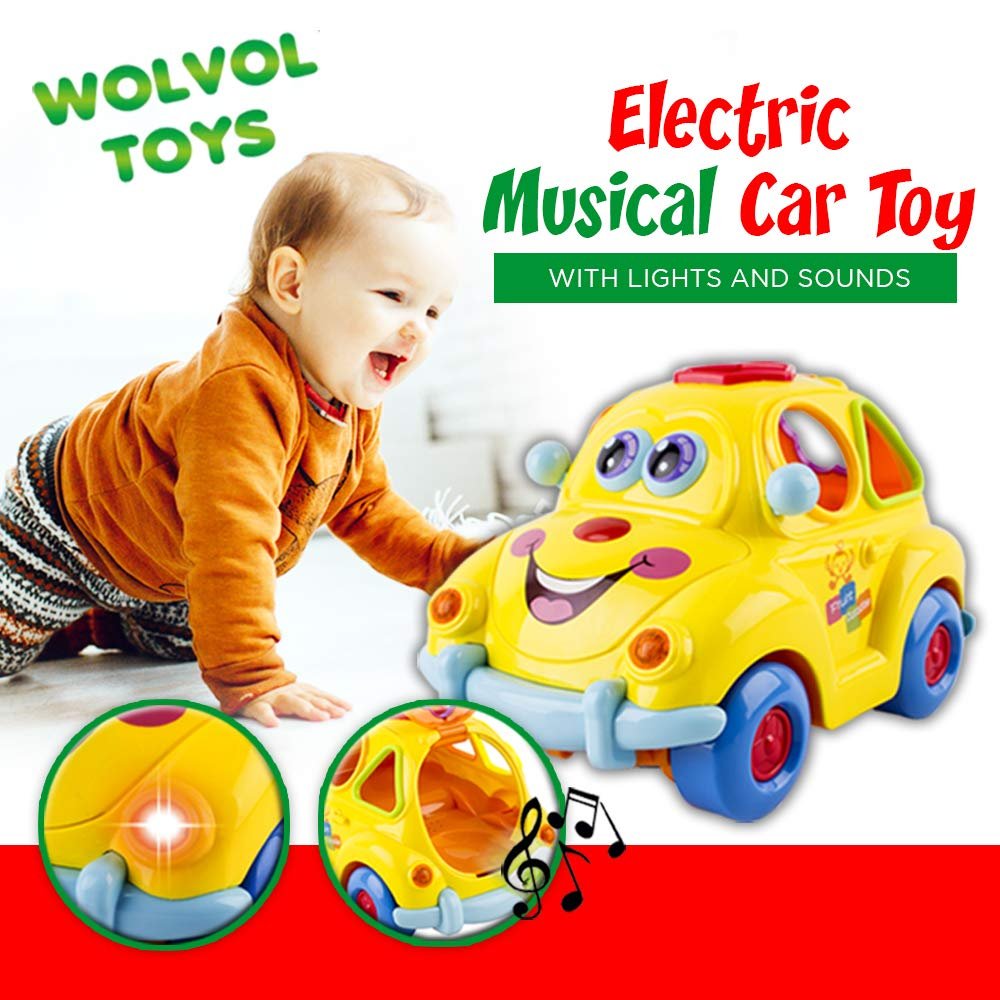 WolVolk Electric Musical Car Toy with Lights and Sounds, Fruit Shape Sorters Activity, goes Around and Changes Directions on Contact - Safe Sturdy Educational Toy for Toddlers 18 Months +