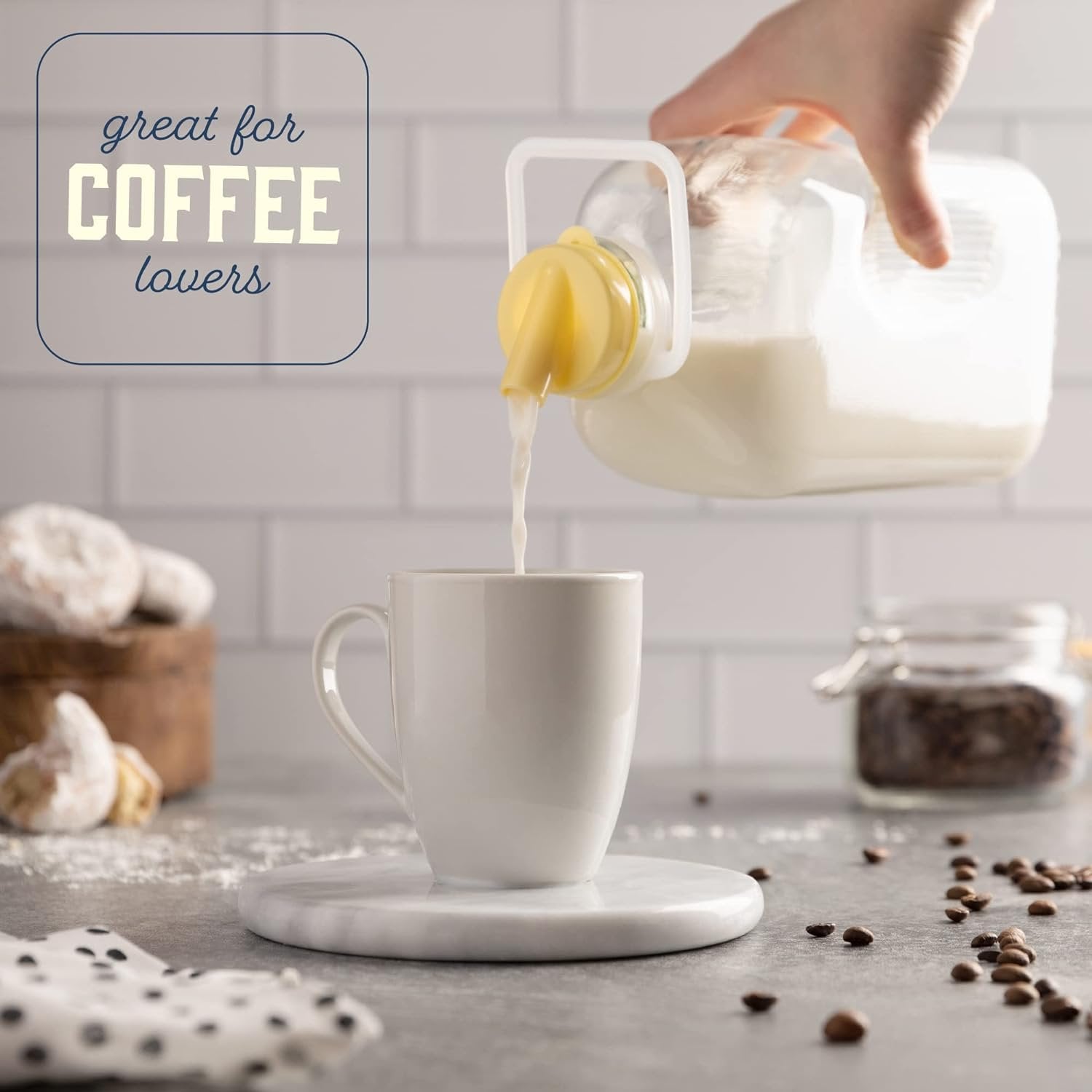 Kitchentoolz 64 Oz Glass Milk Bottle Jugs with Caps, Half Gallon Glass Milk Container for Refrigerator with Tamper Proof Lids and Pour Spouts- Pack of 2