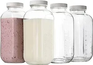 kitchentoolz 32oz Square Glass Milk Bottle with Plastic Airtight Lids, Reusable Dairy Drinking Containers for Refrigerator with Measurement Marks, Yogurt, Smoothies, Kombucha, Water- 4 Pack