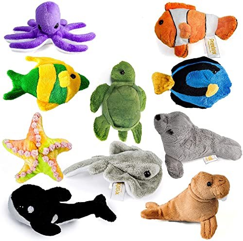 PREXTEX 10 Piece Plush Soft Stuffed Sea Animals - Small Stuffed Animals Bulk - Playset Plush Sea Life Assortment, Turtle, Stingray, Nemo Fish, Killer Whale and More - Bulk Stuffed Animals
