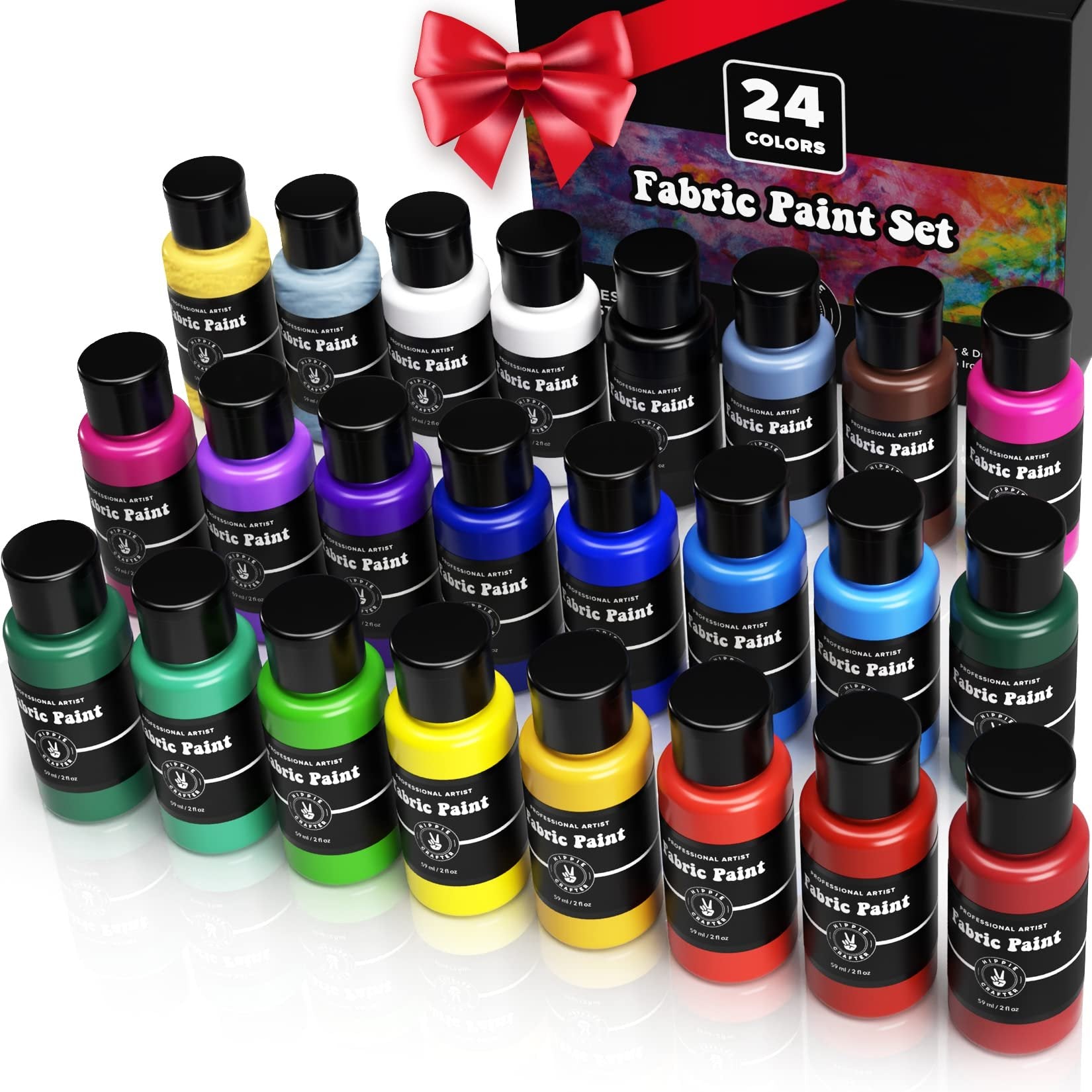 Permanent Fabric Paint for Clothes 24 Colors Bulk Kit for Upholstery Outdoor Cushions Shoe Paint Decorating Medium Acrylic Set Metallic Gold, White, Red, Yellow, Orange Pink