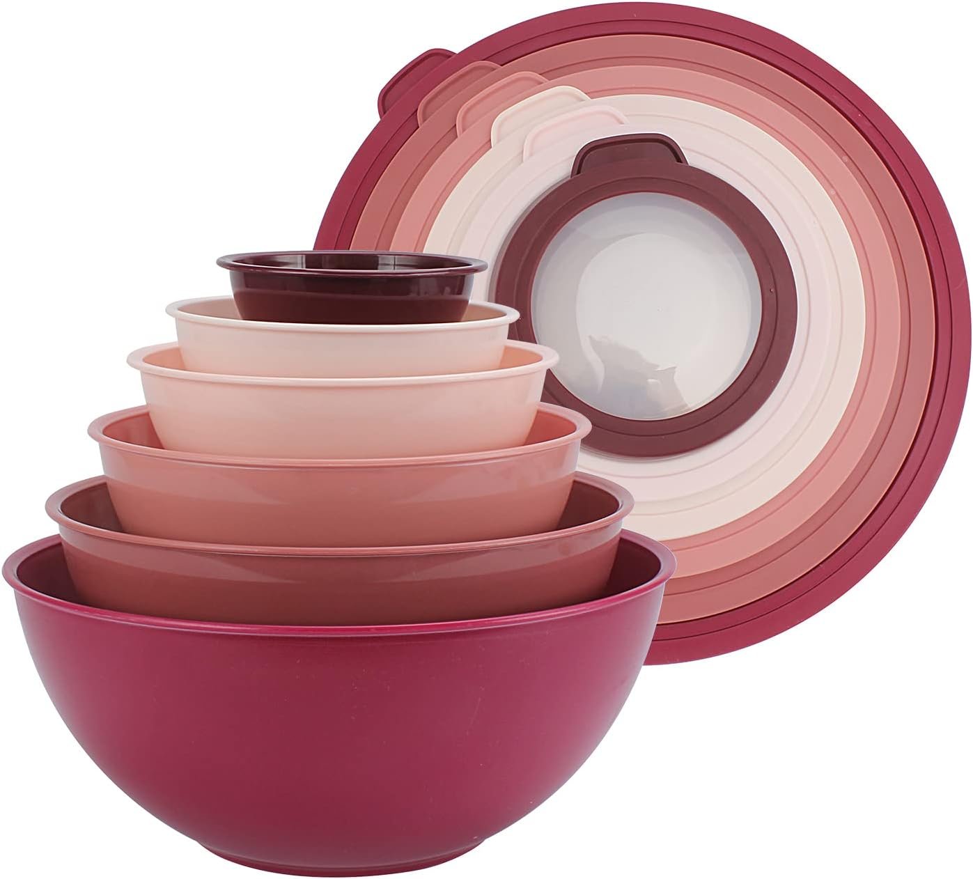 COOK WITH COLOR Mixing Bowls with TPR Lids - 12 Piece Plastic Nesting Bowls Set includes 6 Prep Bowls and 6 Lids, Microwave Safe Mixing Bowl Set (Rose)