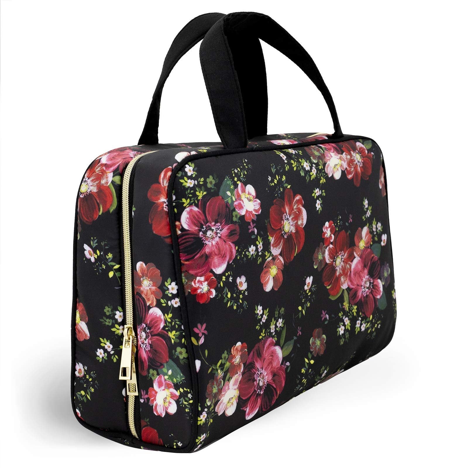 Once Upon A Rose Makeup Bag for Women and Girls, Large Cosmetic Bag with Zippered, Transparent Pockets and Handles, Foldable Makeup Bag for Home and Travel - Coral Floral Print