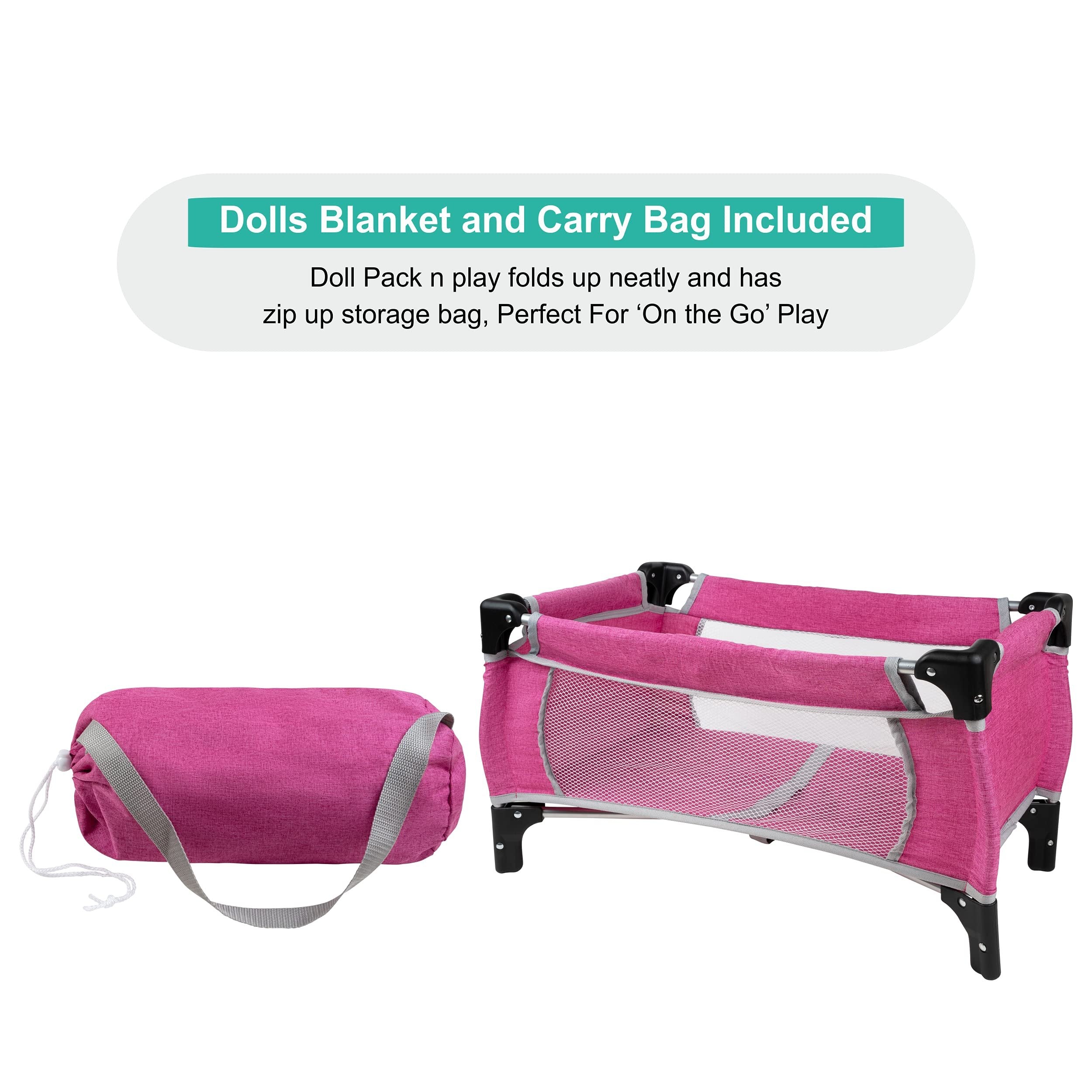 fash n kolor® Baby Doll Pack N Play Crib Hot Pink Denim Design Fits up to 18" Dolls| Pretend Play Baby Doll Accessories Set Includes Blanket and Carry Bag| Perfect