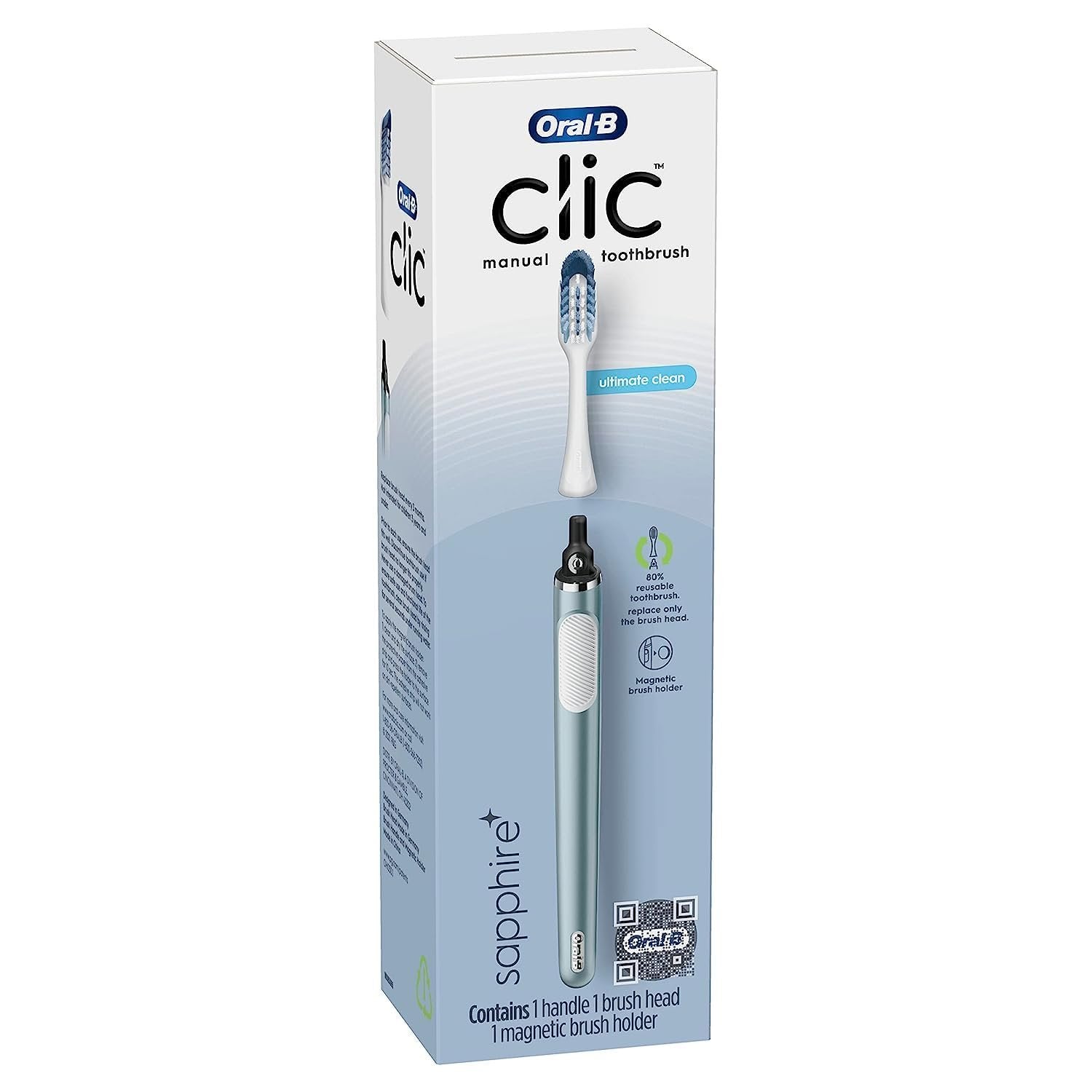 Oral-B Clic Manual Toothbrush (Aqua) with 2 Replaceable Brush Heads and Magnetic Brush Mount