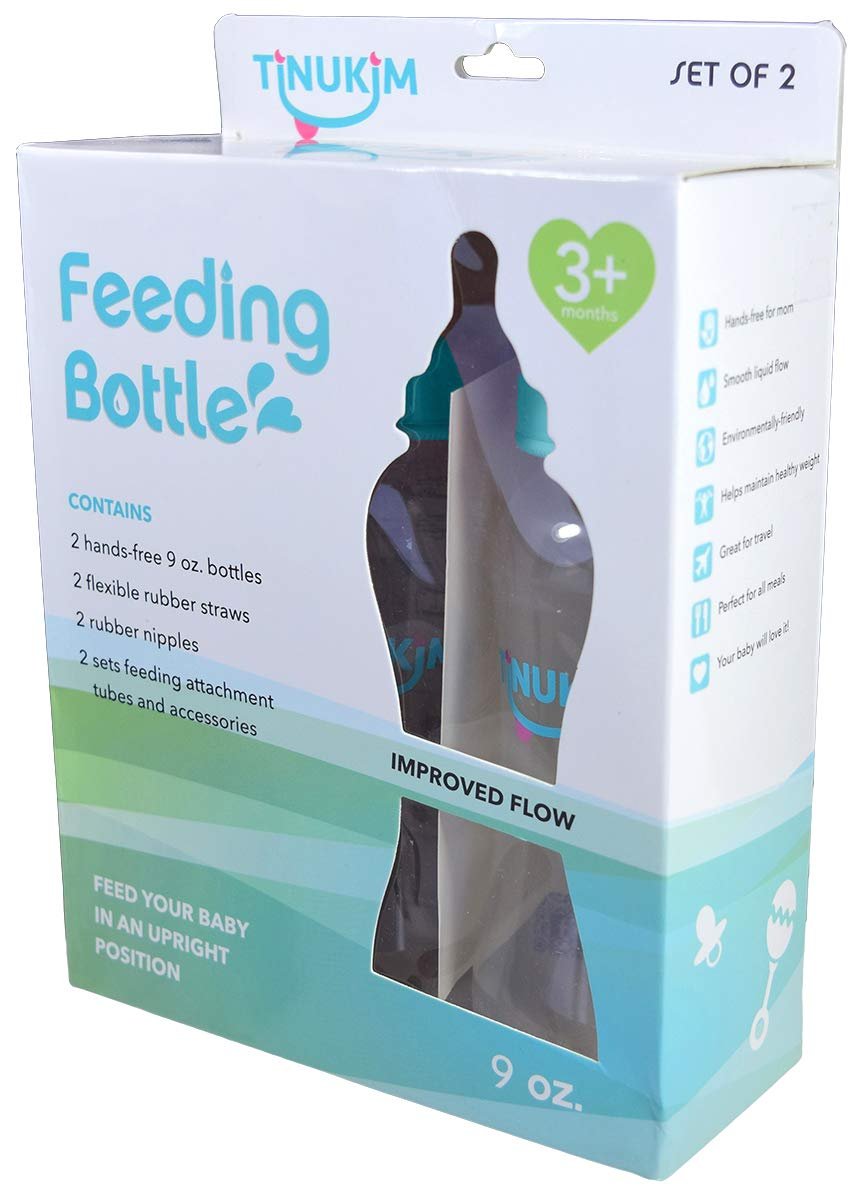 Tinukim iFeed 9 Ounce Self Feeding Baby Bottle with Tube - Handless Anti-Colic Nursing System, White - 2-Pack